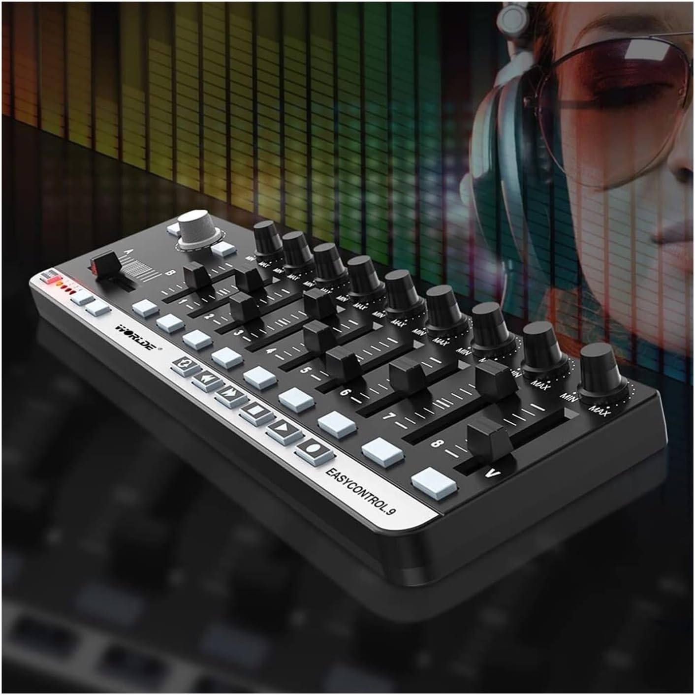 Portable Mini USB Slim-Line MIDI Controller with 9 Control Knobs, Plug-and-Play for Music Production Applicable to Ableton Live FL Studio Logic Pro