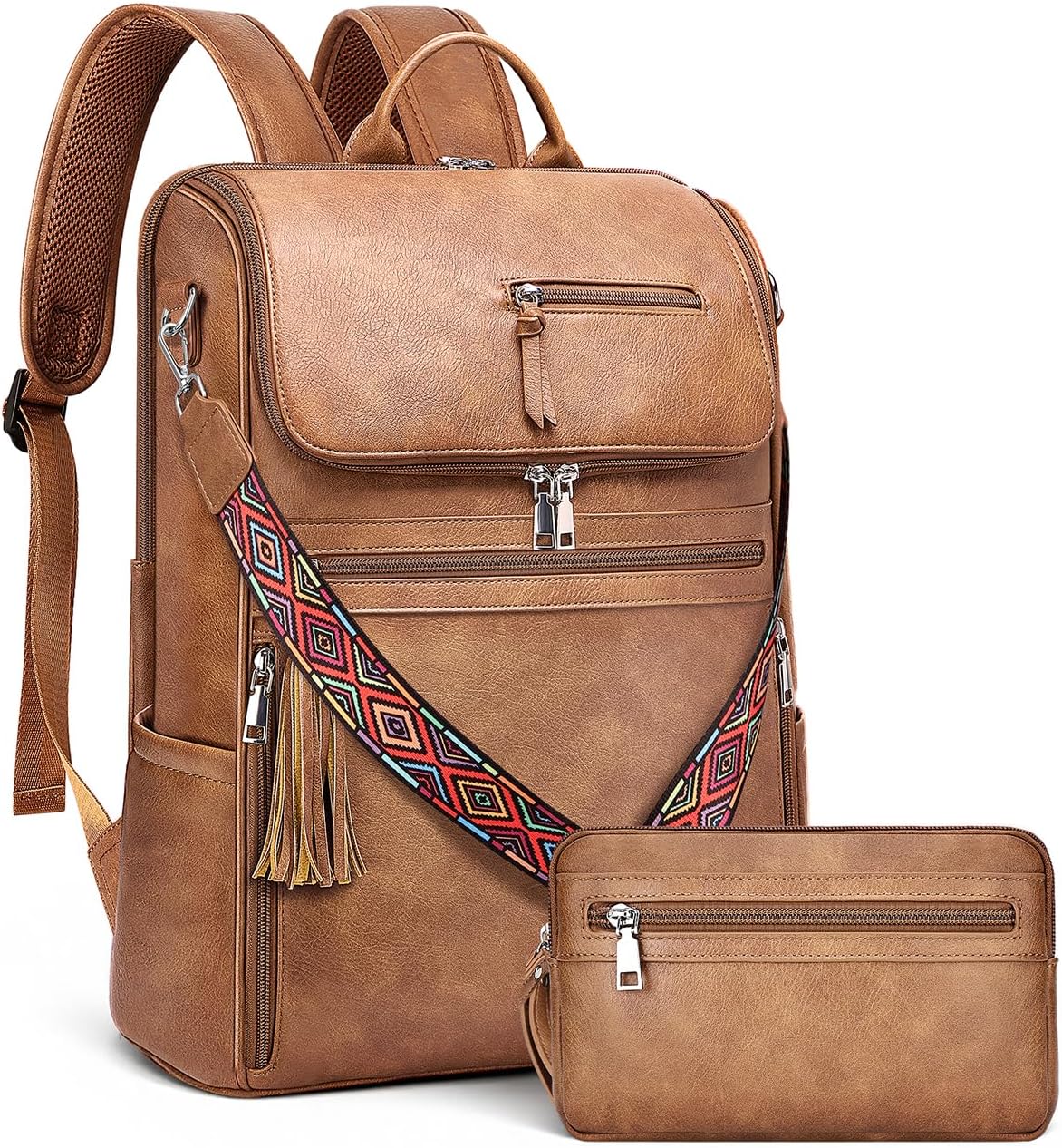 Leather Laptop Backpack for Women Designer Laptop Bag, 16.5 inch Travel Computer Backpacks Purse with Tassel for Work Business with Satchel Purse Brown