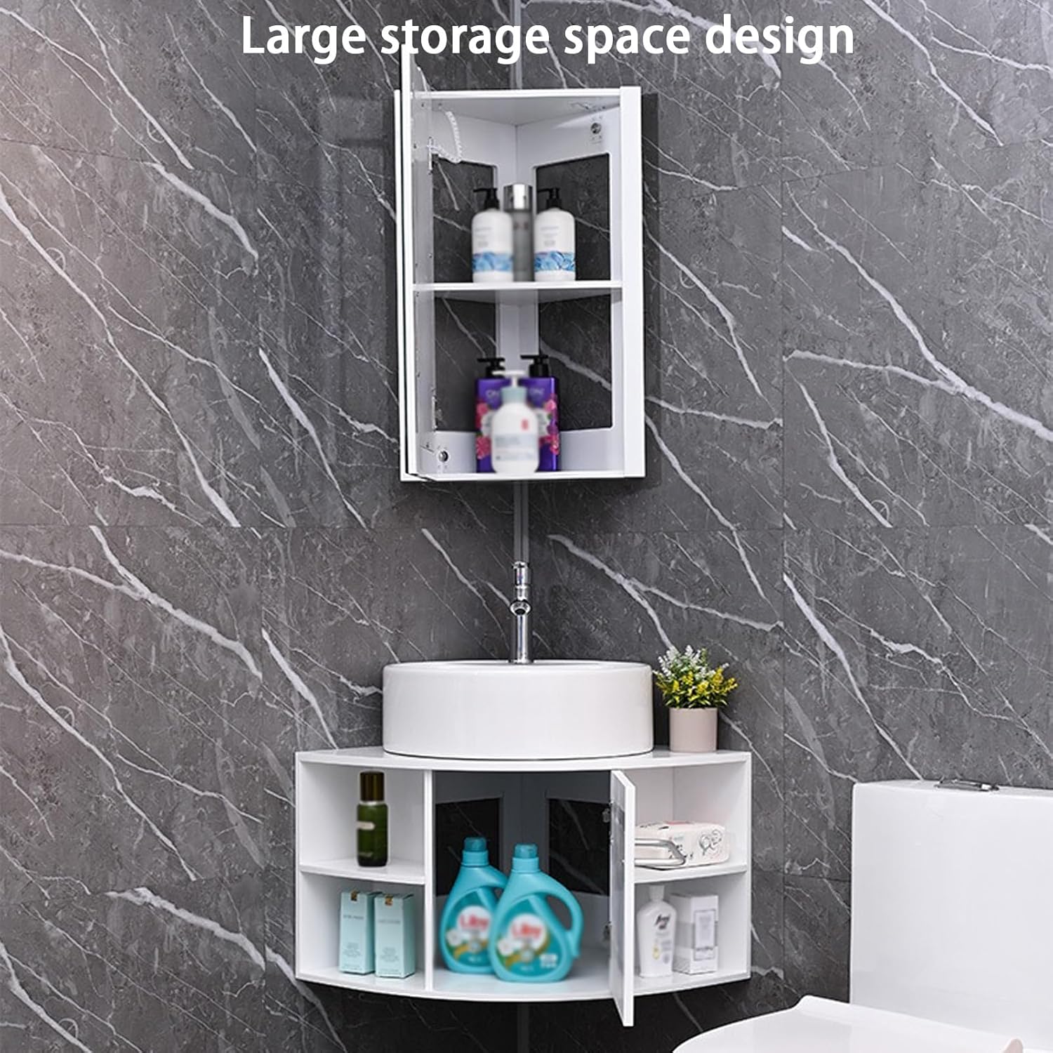 Corner Bathroom Sink, Wall Mount Corner Bathroom Vanity, Triangle Bathroom Sink Cabinets, Ceramic Wash with Storage Container and Mirror Cabinet, for Small Space(50cm/19.6in)