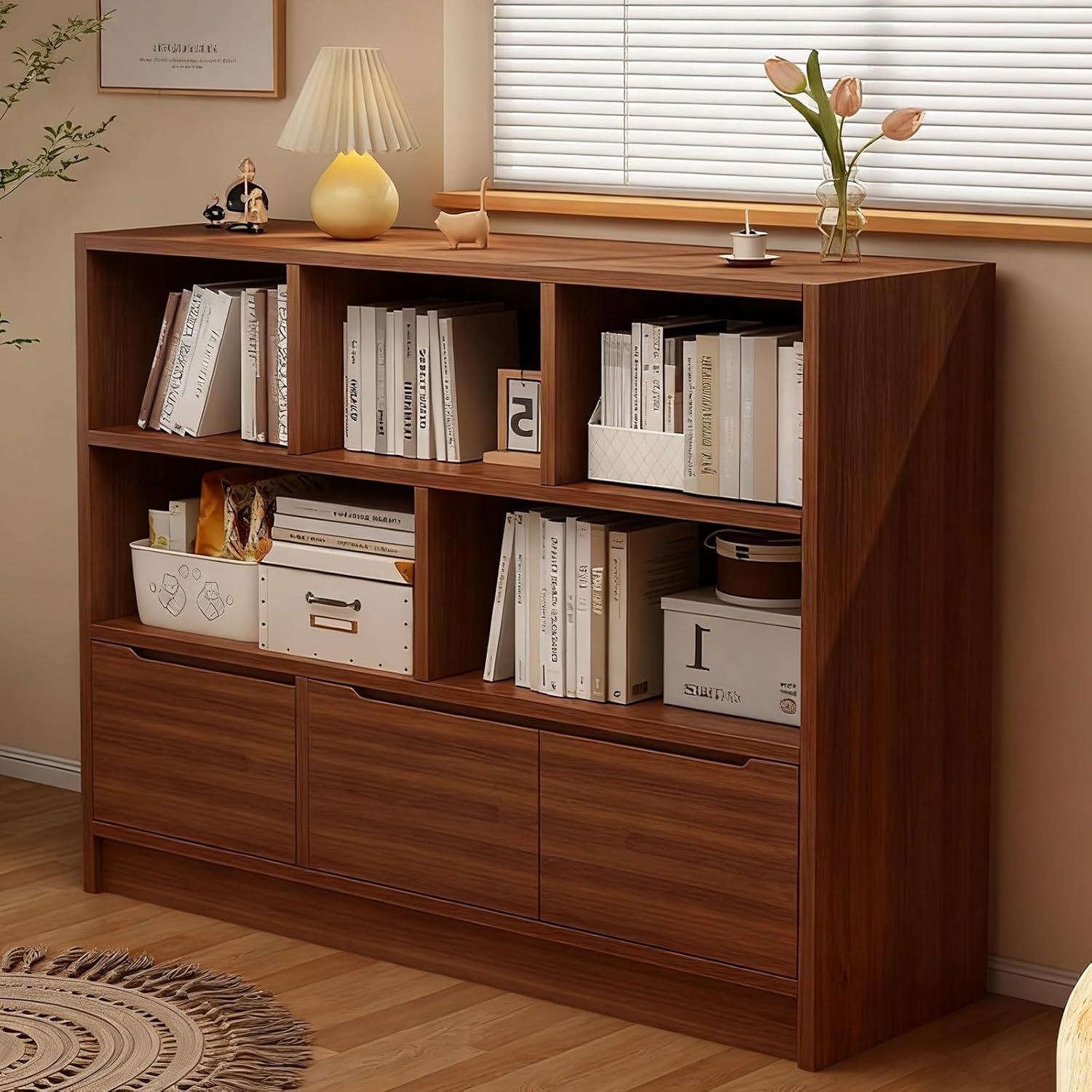 Modern Short Bookshelf with Cabinet Wood Bookcase with 3 Drawers, Large Display Shelf Book Shelf Freestanding Display Rack Shelving Unit(Brown,100cm/39.4in)