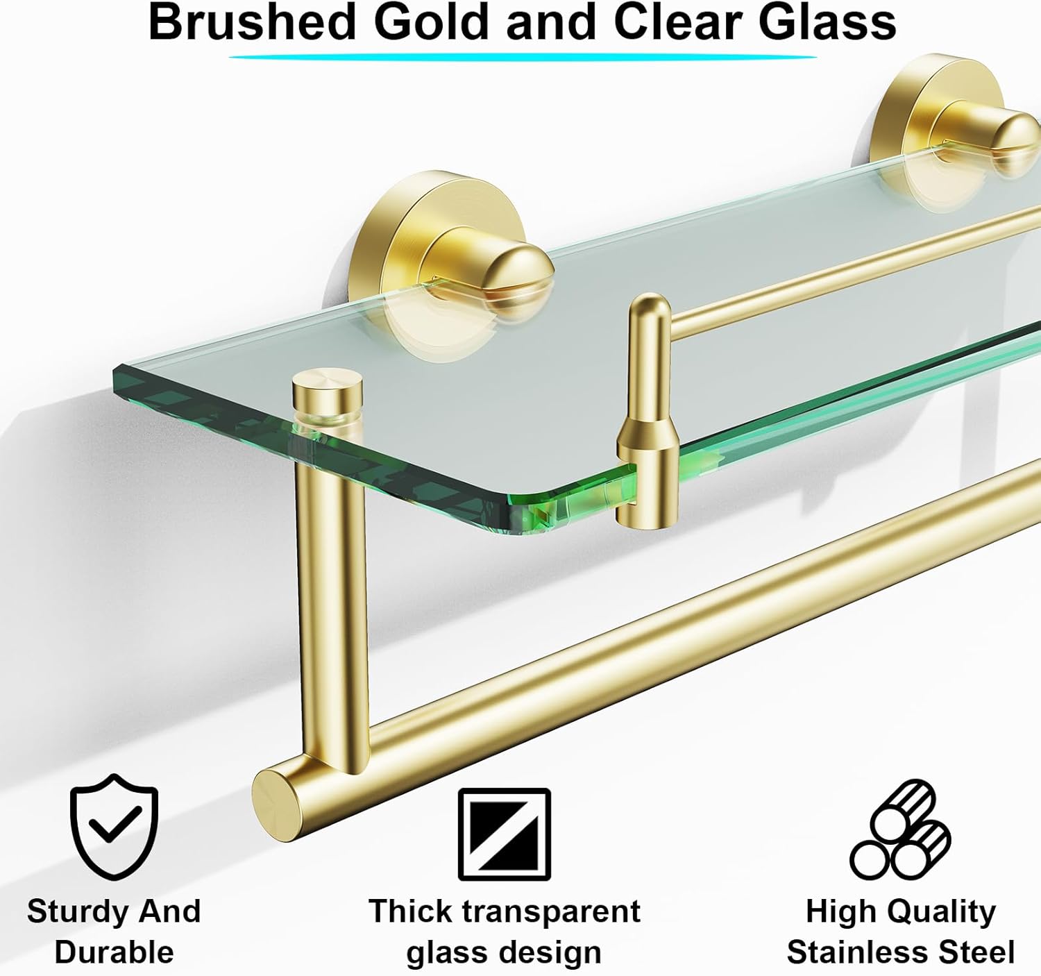 Glass Shelves for Bathroom 2 Pack,20-Inch Brushed Gold Towel Bar Glass Bathroom Shelves(Brushed Gold)