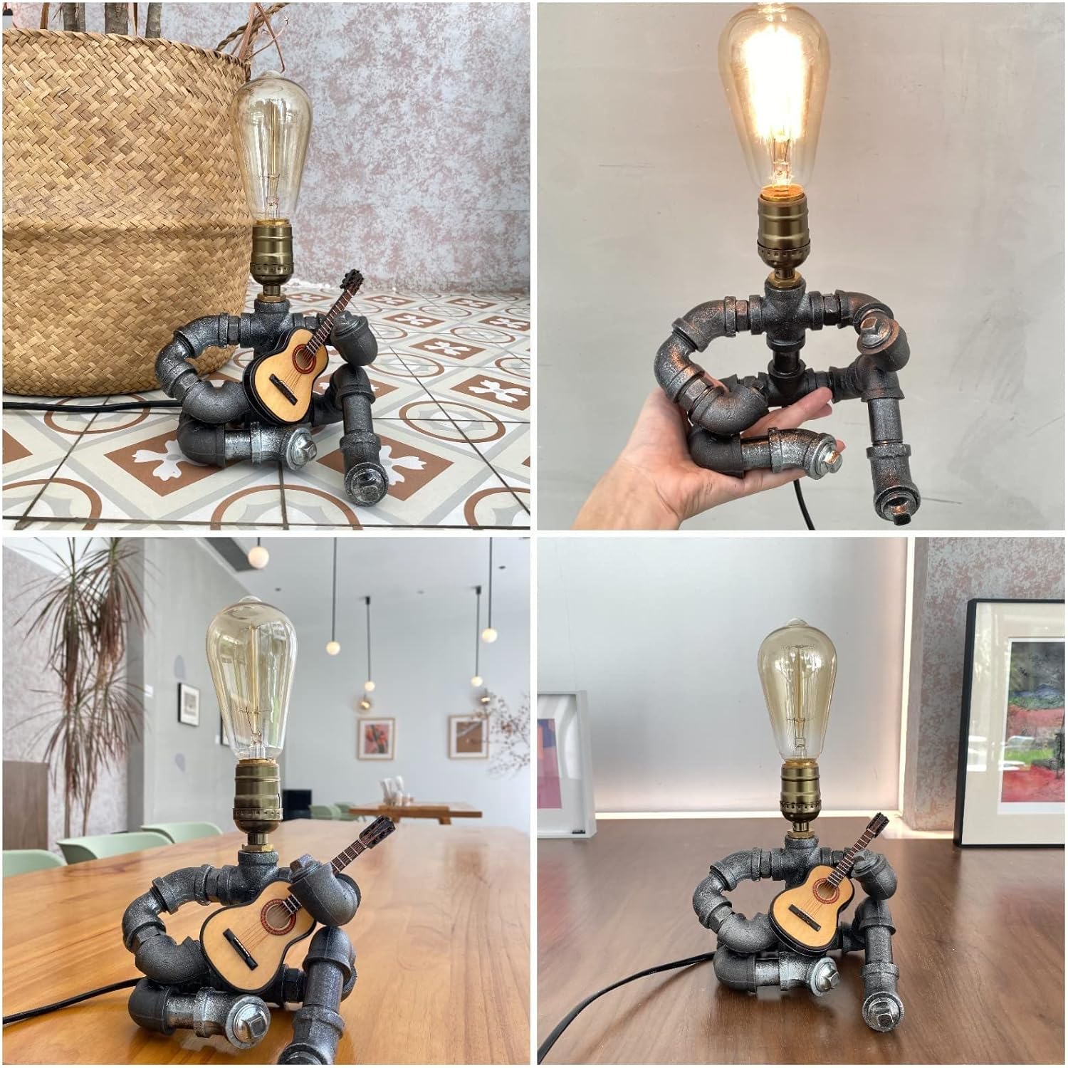 Steampunk Industrial Guitar Lamp - Unique Table Lamp/Desk Lamp with Edison Bulb, Vintage Decorative Lamp for Men, Guitar Lovers & Musicians, Creative Unusual Music-Themed Gift