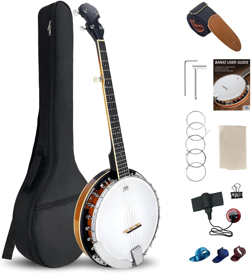 5 String Banjo 38 Inch Full Size, Closed Back Mahogany Banjo with Remo Head,24 Brackets, Strap，Finger Picks & Full Kit for Adults and Professionals