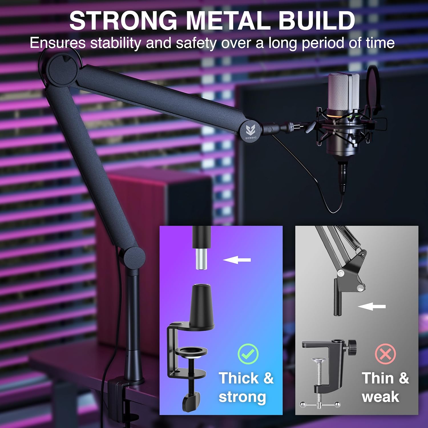 Sensic SA-30 Microphone Boom Arm, 360° Rotatable Mic Stand with 6 inch riser, Microphone Holder with 1/4