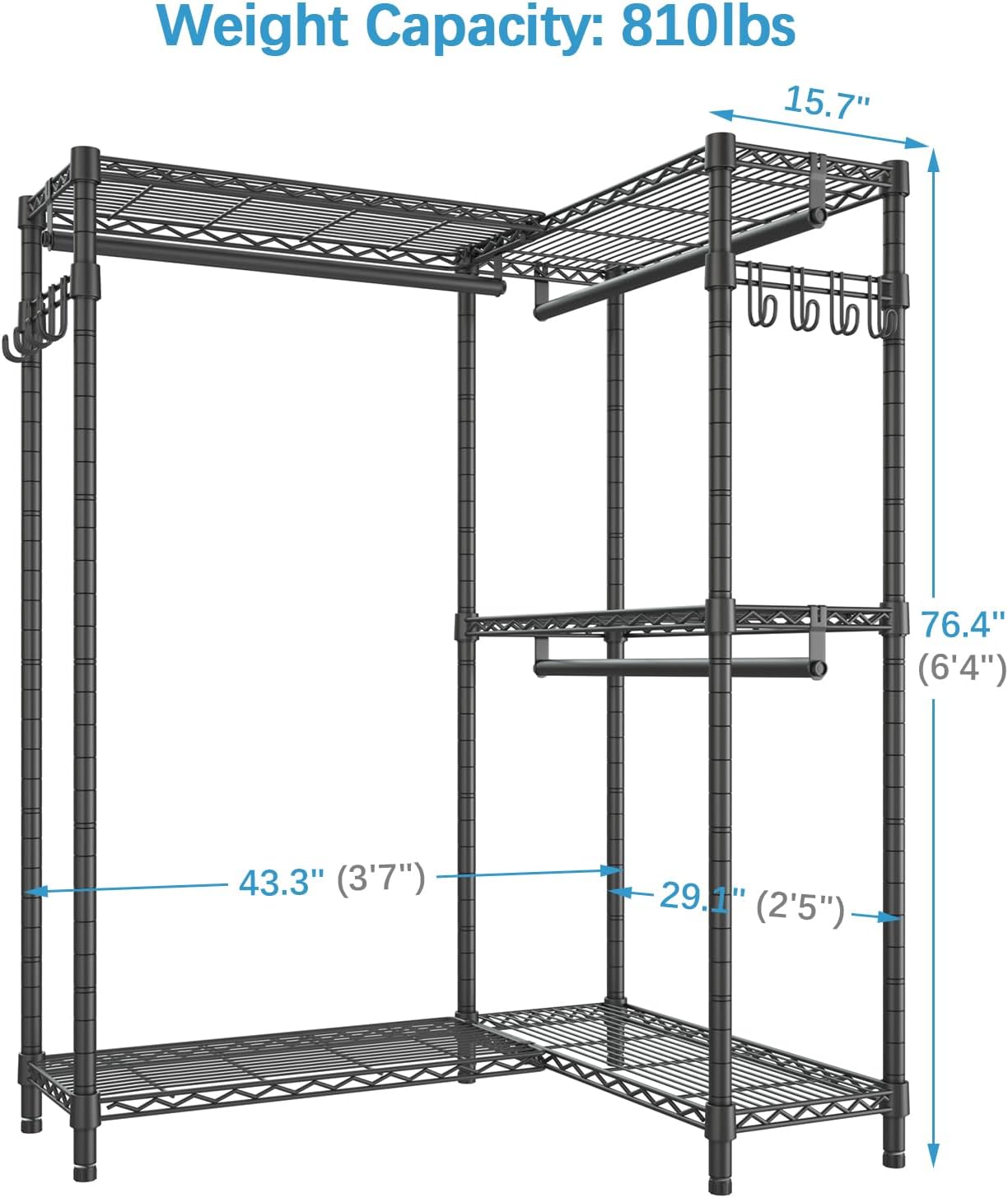 VIPEK L4 Garment Rack L Shaped Clothes Rack for Corner, Freestanding Portable Wardrobe Closet Heavy Duty Clothing Rack with 3 Hanging Rods & 2 Side Hooks, 43.3