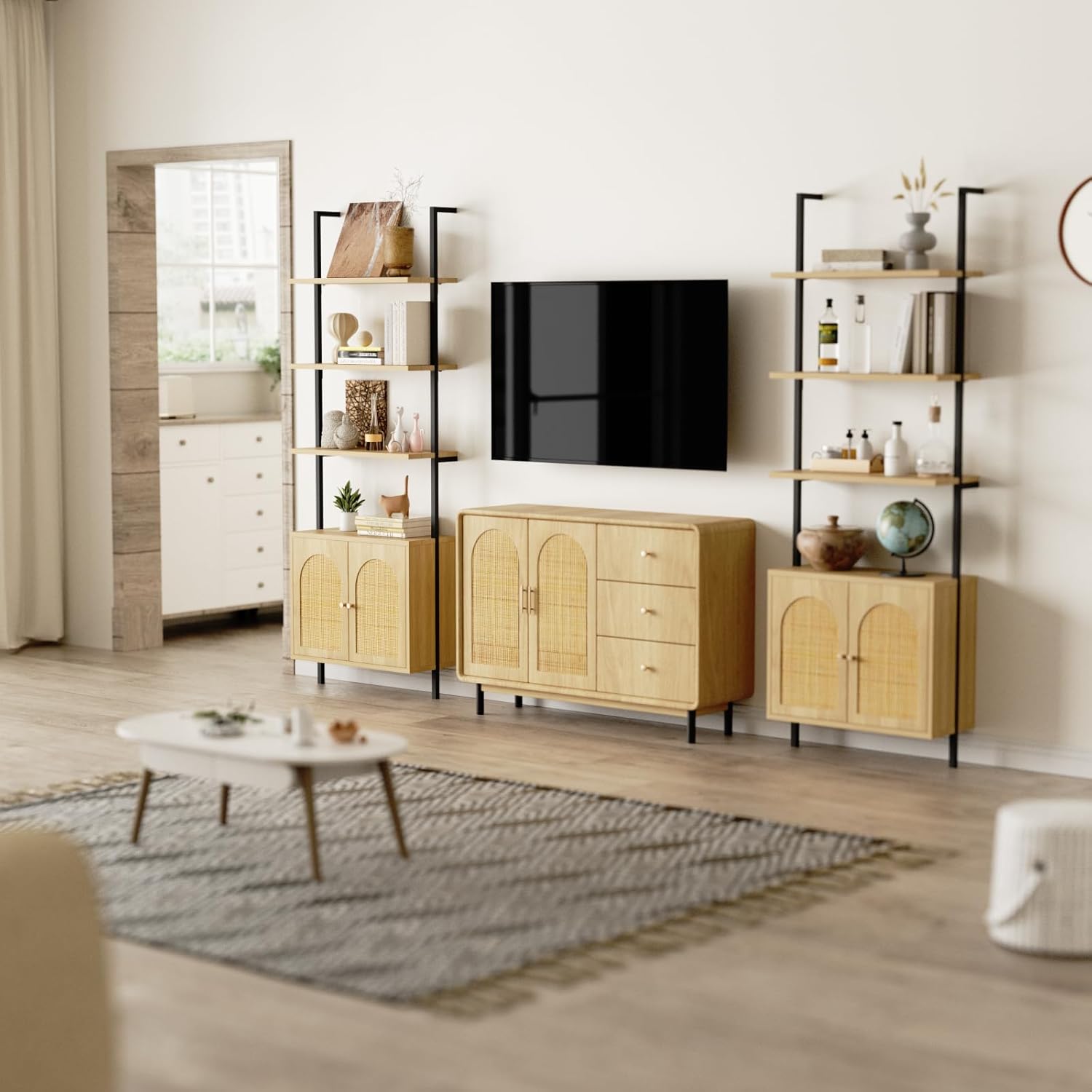 3 Tier Ladder Bookshelf with Rattan Cabinet, Open Bookshelf with Cabinet, Wall Mount Bookcase with Metal Frame for Home Office, Bedroom, Oak