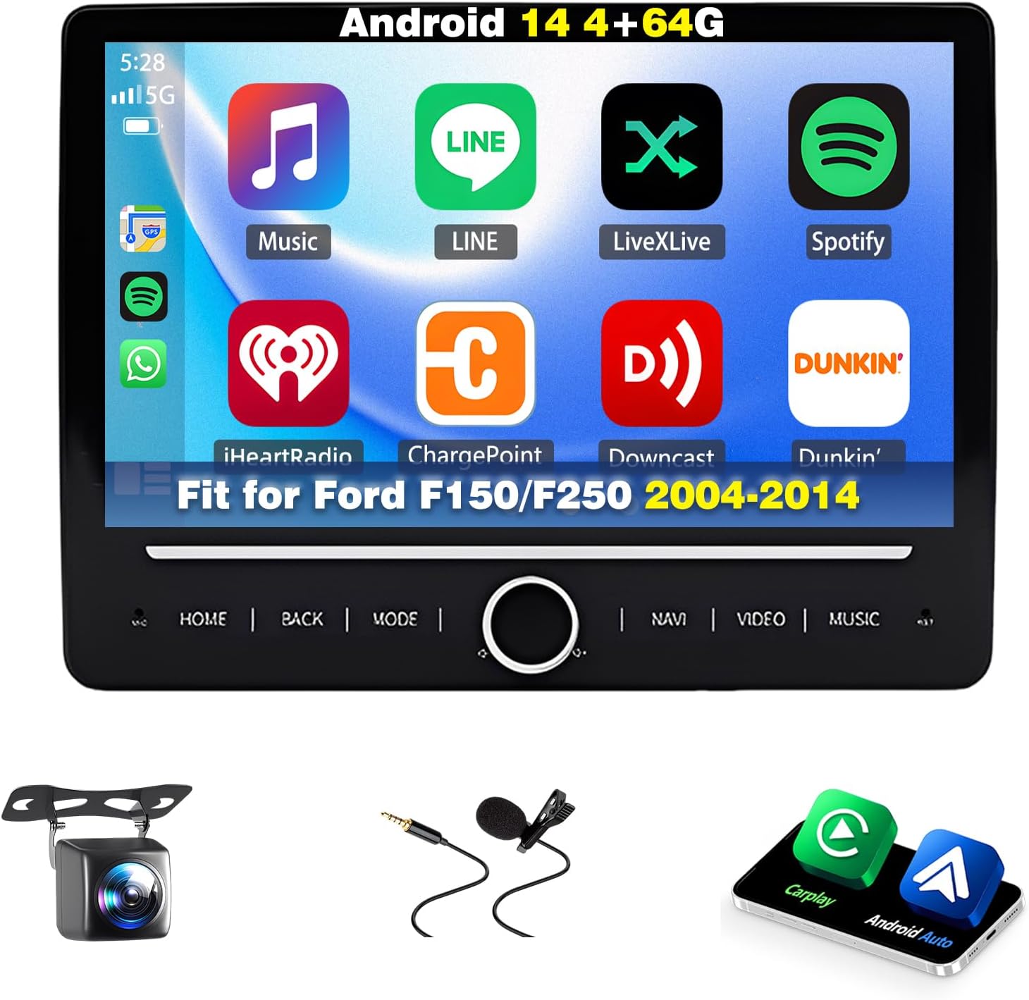 4+64G Android 14 Car Stereo Fit for Ford F150/F250 2004-2014, 10inch Touch Screen with Wireless Carplay Android Auto AHD Backup Camera Mirror Link GPS SWC WiFi FM