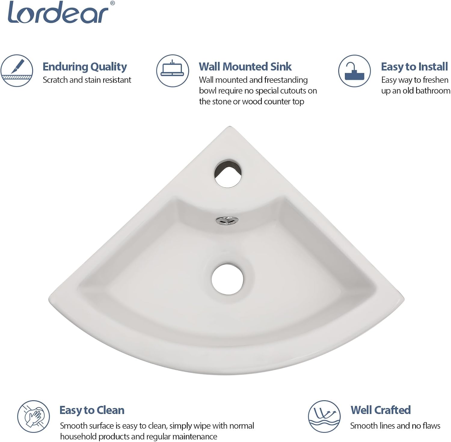 Lordear Wall Mount Corner Bathroom Sink 18 Inch White Ceramic Washing Basin Sector Wall Mount Sink for Small Bathrooms.