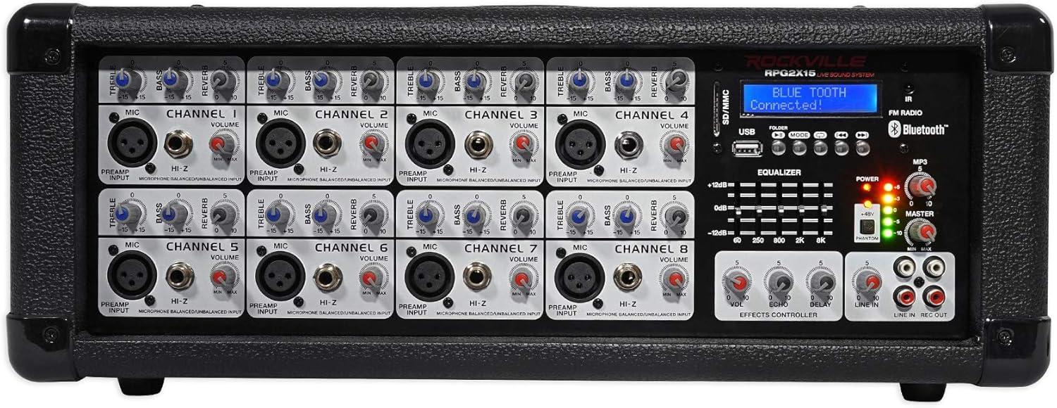 Rockville RPG2X15 Bundle: (2) 15 in Passive PA Speakers, 8-Channel Powered Mixer with Bluetooth, USB/SD, (2) Tripod Stands, (2) Wired Microphones, (2) 10 ft Speaker Cables, Karaoke Ready, 9-Items