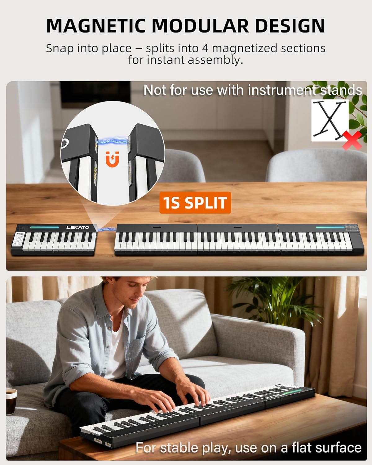 LEKATO Portable Piano Keyboard, 4 pcs Magnetic Electric Piano with Up to 88 Keys, 128 Tones, 128 Rhythm, 21 Demo, Split, Dual Tone, Record, Bluetooth MIDI, Headphone Jack, for Beginners Home Travel