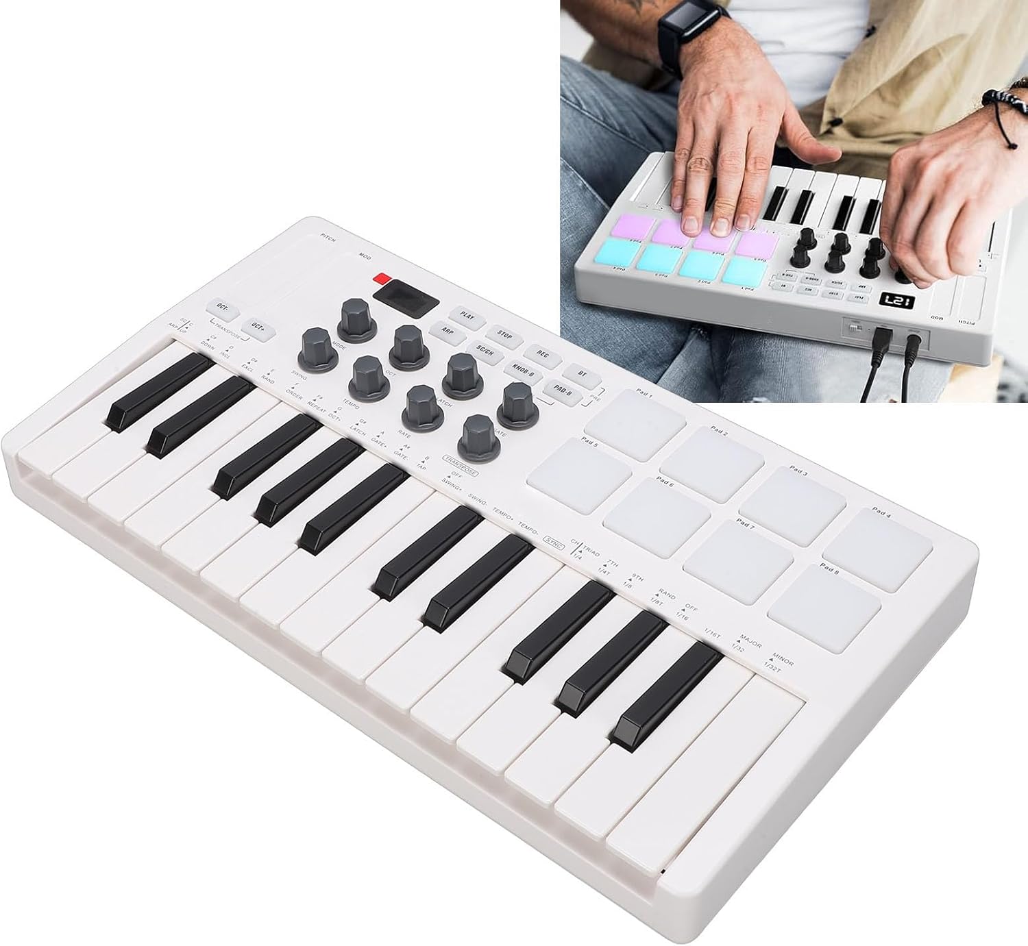 Asixxsix MIDI Keyboard Controller 25 Keys, Wireless Bluetooth Mini Portable Beat Maker Machine with 8 Backlit Drum Pads 8 Knobs 2 Capacitive Touch Strips for Music Production