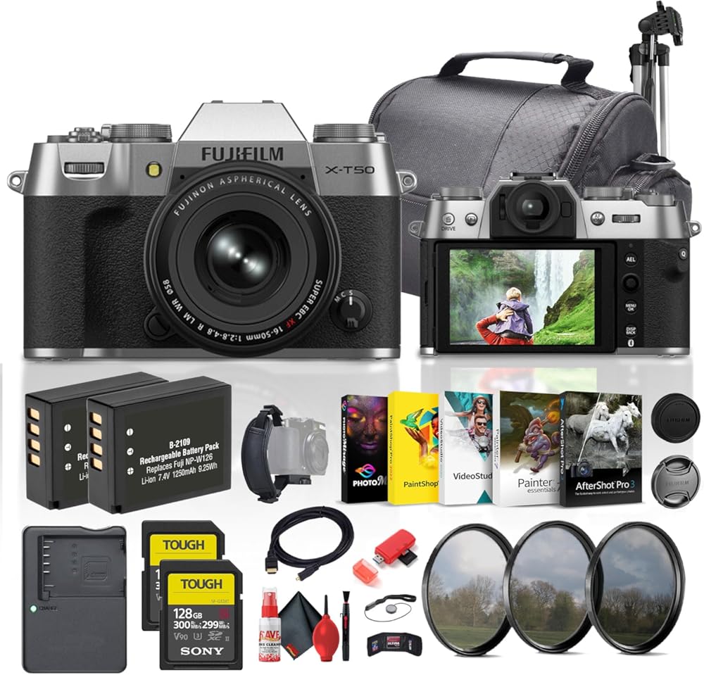 Fujifilm X-T50 with XF 16-50mm Lens in Silver (16828595) Bundle Including: 2X 128 GB Memory Card, 2X Rechargeable Battery, Filter Kit, Camera Case, Tripod, Hand Strap, Battery Charger, Cleaning Kit