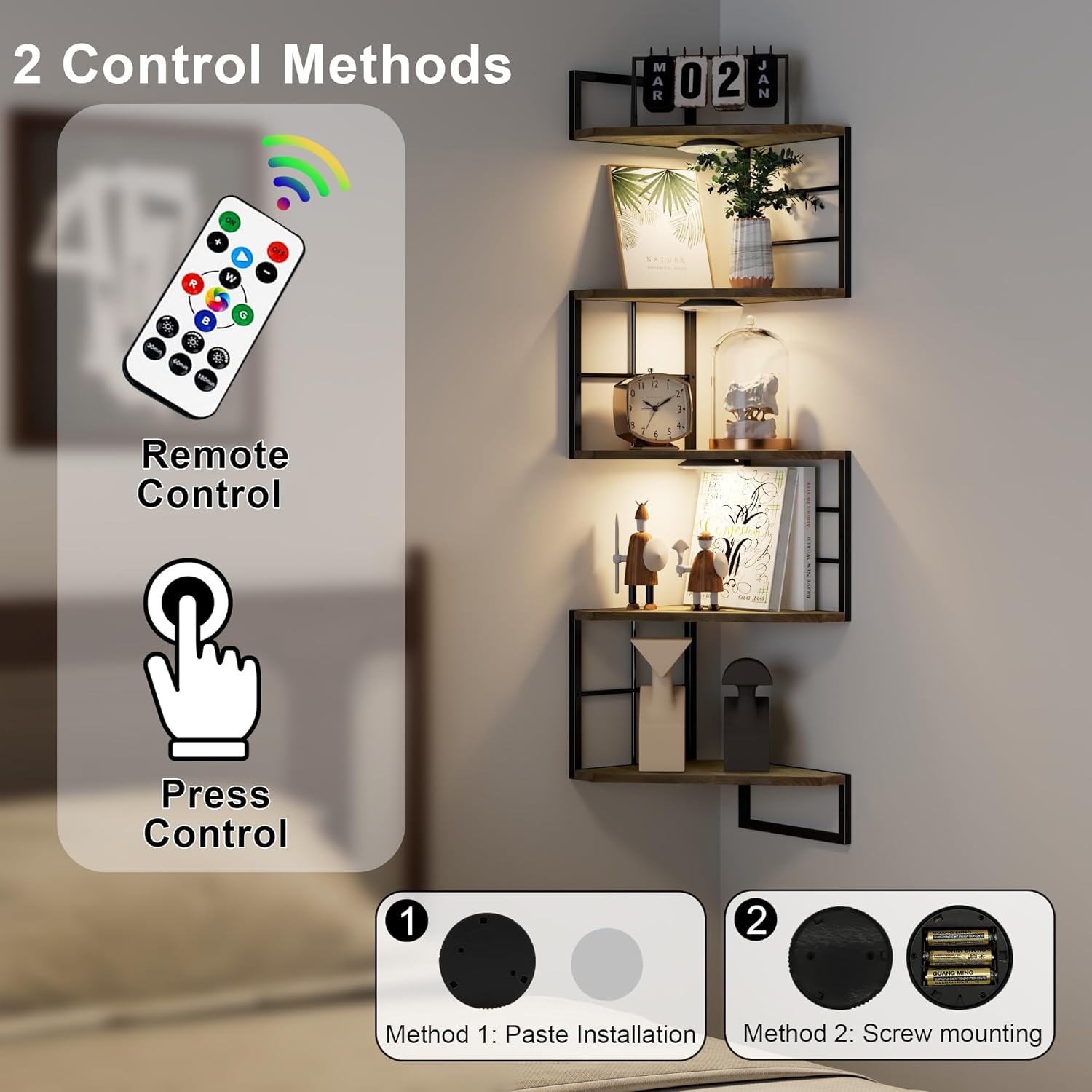 Floating Corner Shelves with Light - 5 Tiers Metal Corner Shelf Wall Mounted for Bedroom Living Room Office Kitchen, Easy-to-Assemble Corner Wall Shelves, Brown