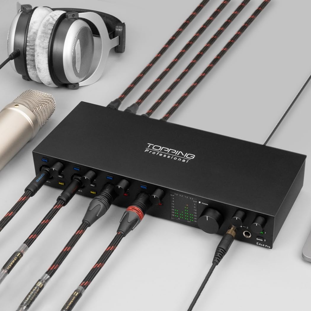 TOPPING E4X4 Pre USB Audio Interface - Dual USB-C Ports, 24bit/192kHz, 4IN/4OUT, Dual Headphone Outputs, Low Noise, Real-Time Monitoring, Mixer, for PC, Mac, iPhone, Professional Recording(Black)