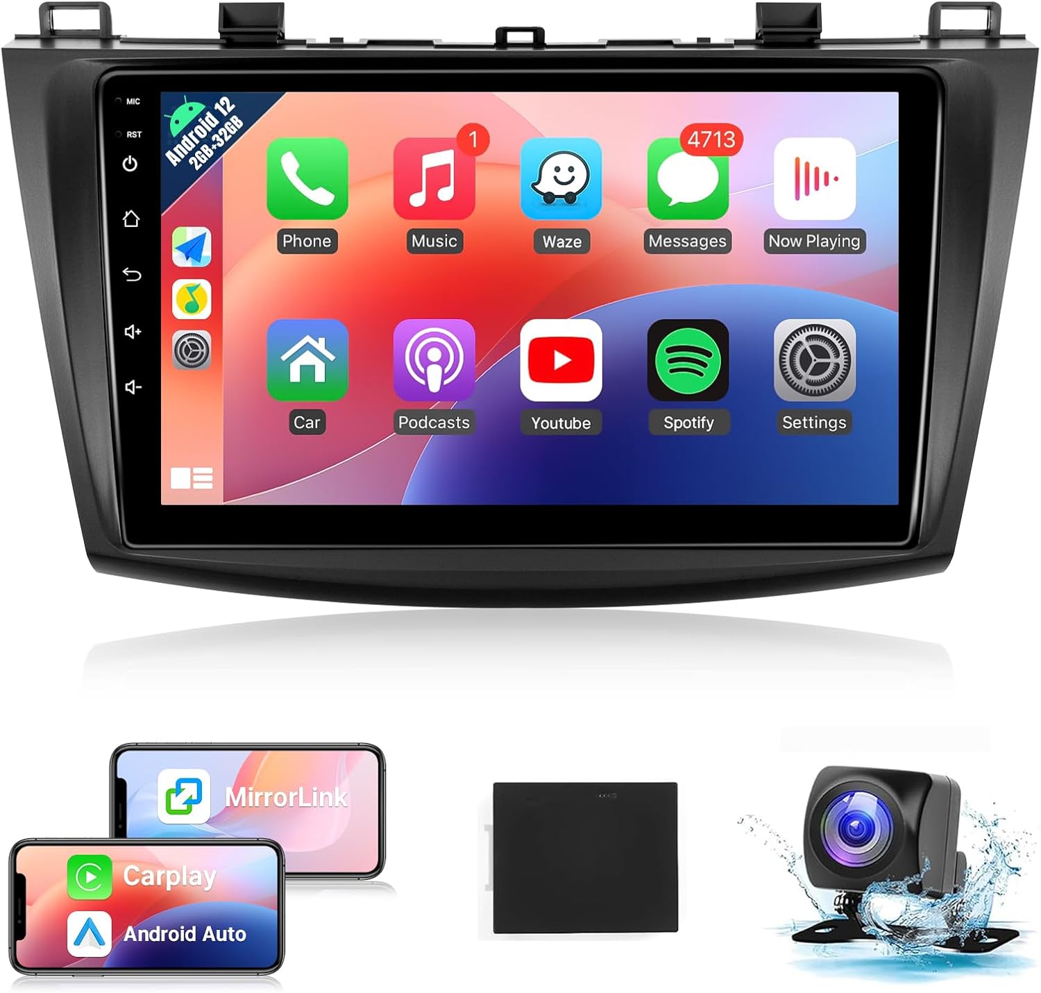 Naifay Android Car Radio for Mazda 3 2009 2010 2011 2012 2013 with Wireless CarPlay Android Auto, 9inch IPS Touch Screen for Mazda 3 Car Stereo with Bluetooth/GPS/WiFi/SWC/Split Screen/Backup Camera