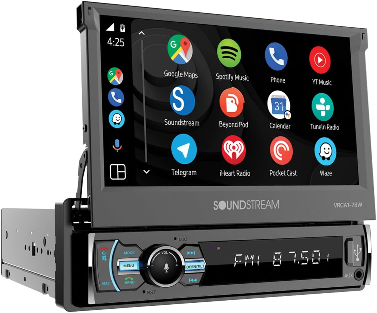 Soundstream VRCA1-78W 7 Inch Flip Out Car Stereo with Wireless Apple CarPlay & Android Auto, Single DIN Touchscreen Bluetooth Car Radio, Backup Camera Support, USB/SD, AM/FM, Hands-Free Calling