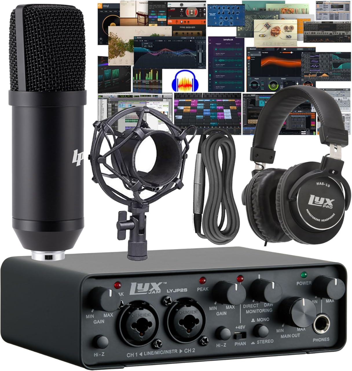 2×2 USB Audio Interface Recording Bundle w, Cardioid Condenser Mic, Studio Headphones, Shockmount, XLR Cable, Waveform OEM Software, 24-bit/192 kHz Music, Podcast, Voiceover & Streaming Kit