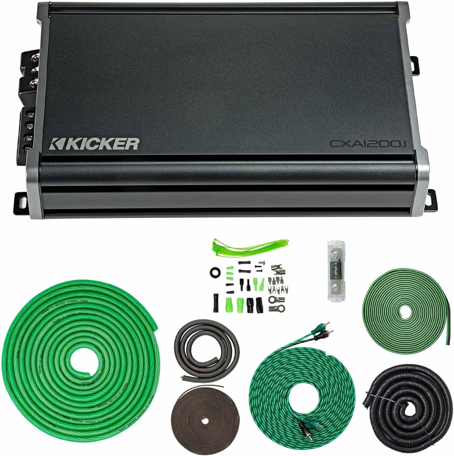 Kicker 46CXA18001 1800W CX Series Mono Class D Subwoofer Amplifier + SoundBox 4 Gauge Amp Kit Bundle – Complete AWG Wiring & Installation Kit, 5000W