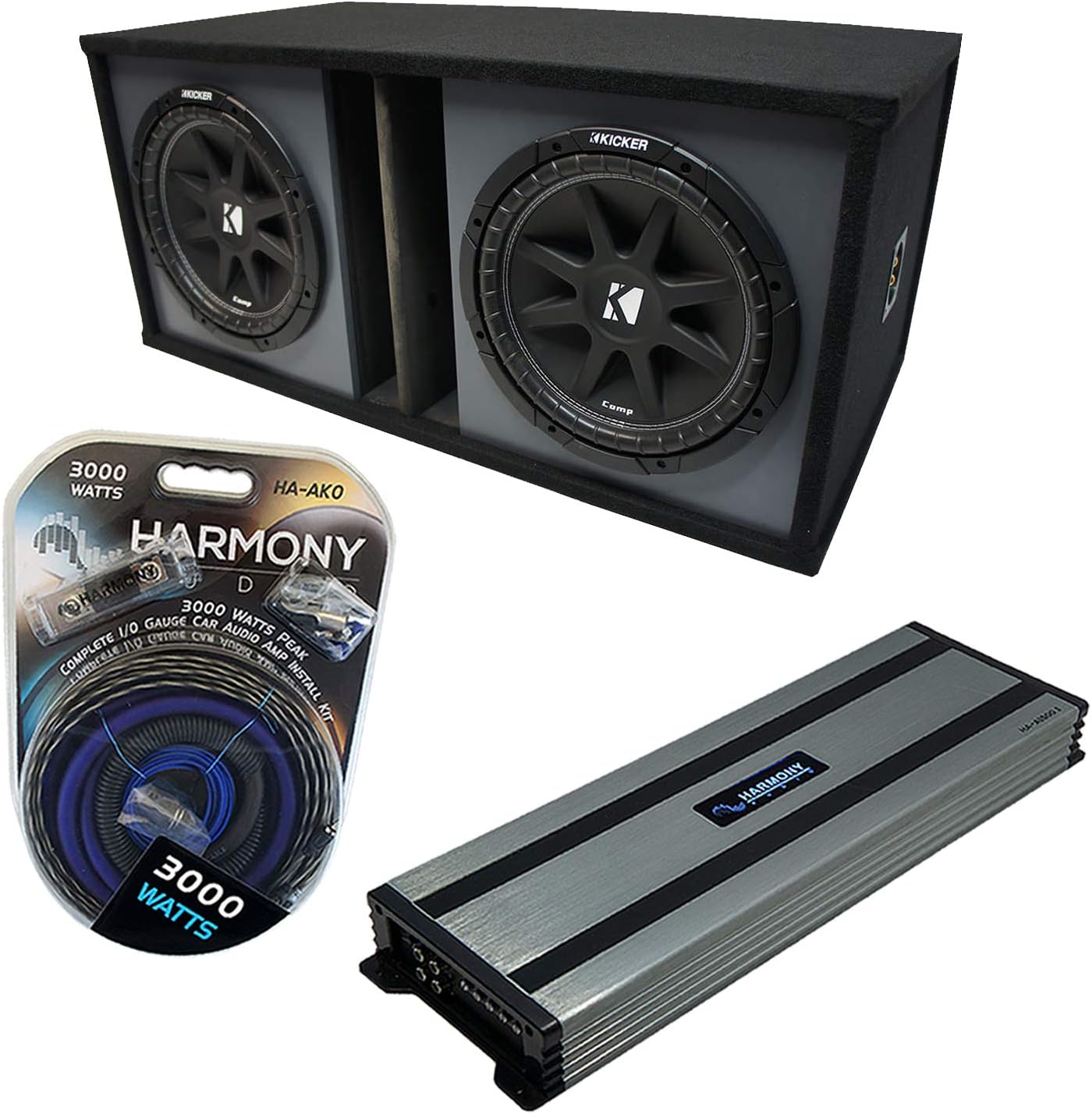 Harmony Audio HA-A1500.1 Universal Car Stereo Mono 3000W Subwoofer Amplifier, 43C154-N Trunk Comp C15 300W RMS 4 Ohm Car Sub and SOLORND2X15V Dual 15