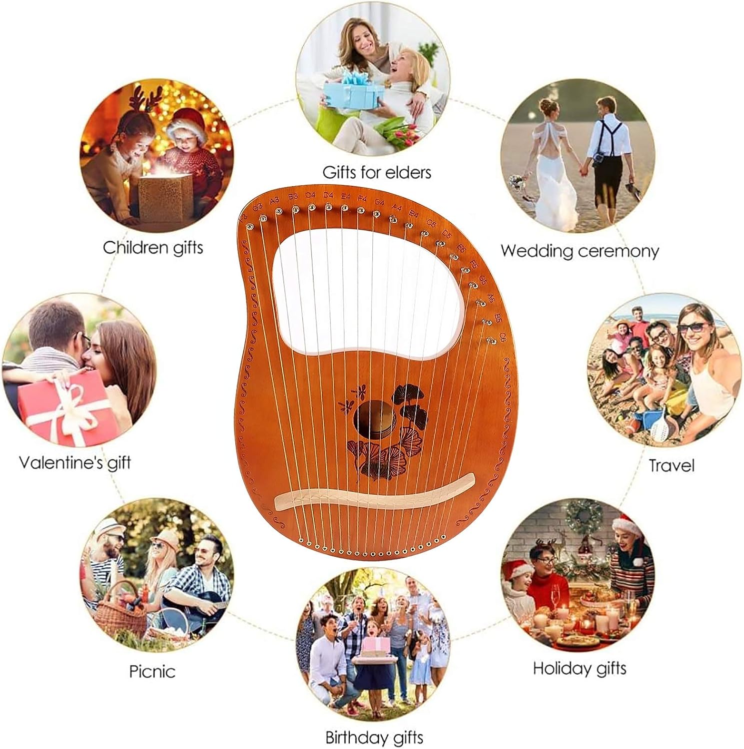 Lyre Harp 19 String Solid Wood String Instrument Heptachord Mahogany with Tuning Wrench, Picks and Bag, Best Gift for Beginners Music Lovers (Color : D)