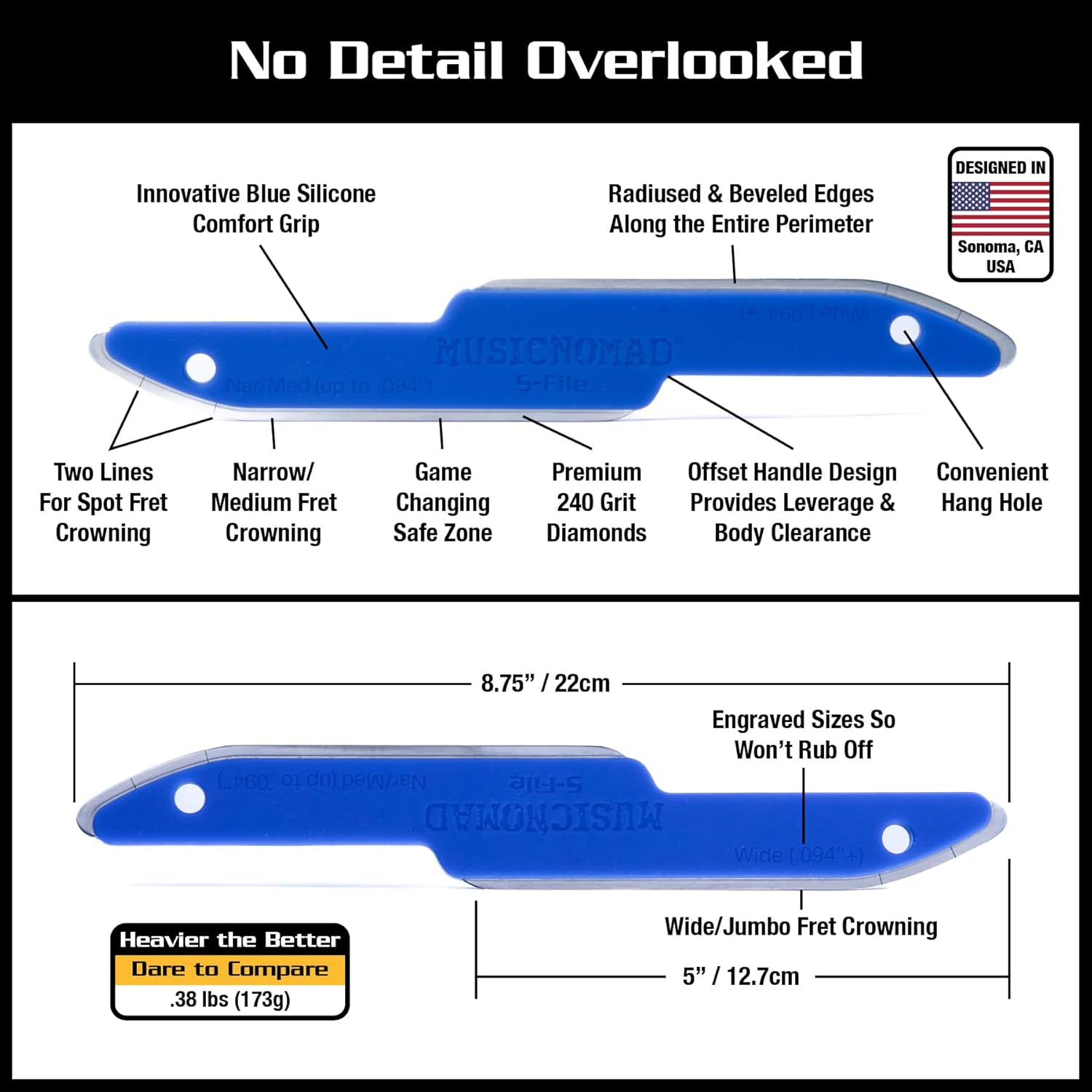 MusicNomad MN850 Diamond Coated, Safe Zone Guitar Fret Crowning File & Luthier Tool (S-File)