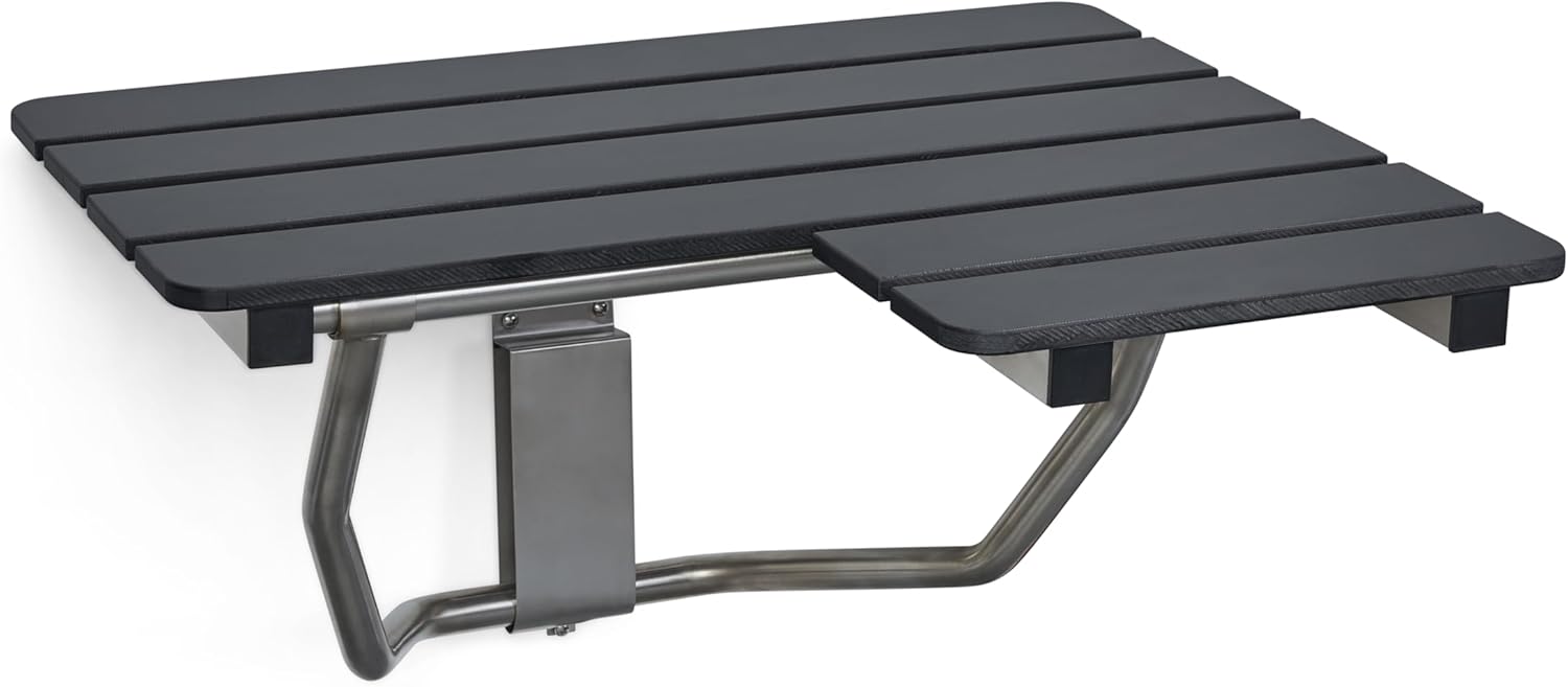 Seachrome 28-inch x 22.5-inch ADA Wall Mount Folding Transfer Bench Shower Seat, Left-Handed, Black Slatted Phenolic Seat