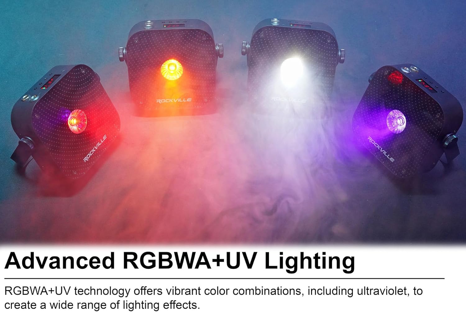 Rockville 4 Pack MINI RF1 V3 Black LED Wash Up Light, RGBWA+UV, Compact, App, Remote, LCD, Wireless DMX, Rechargeable, Perfect for DJ/Party Lighting