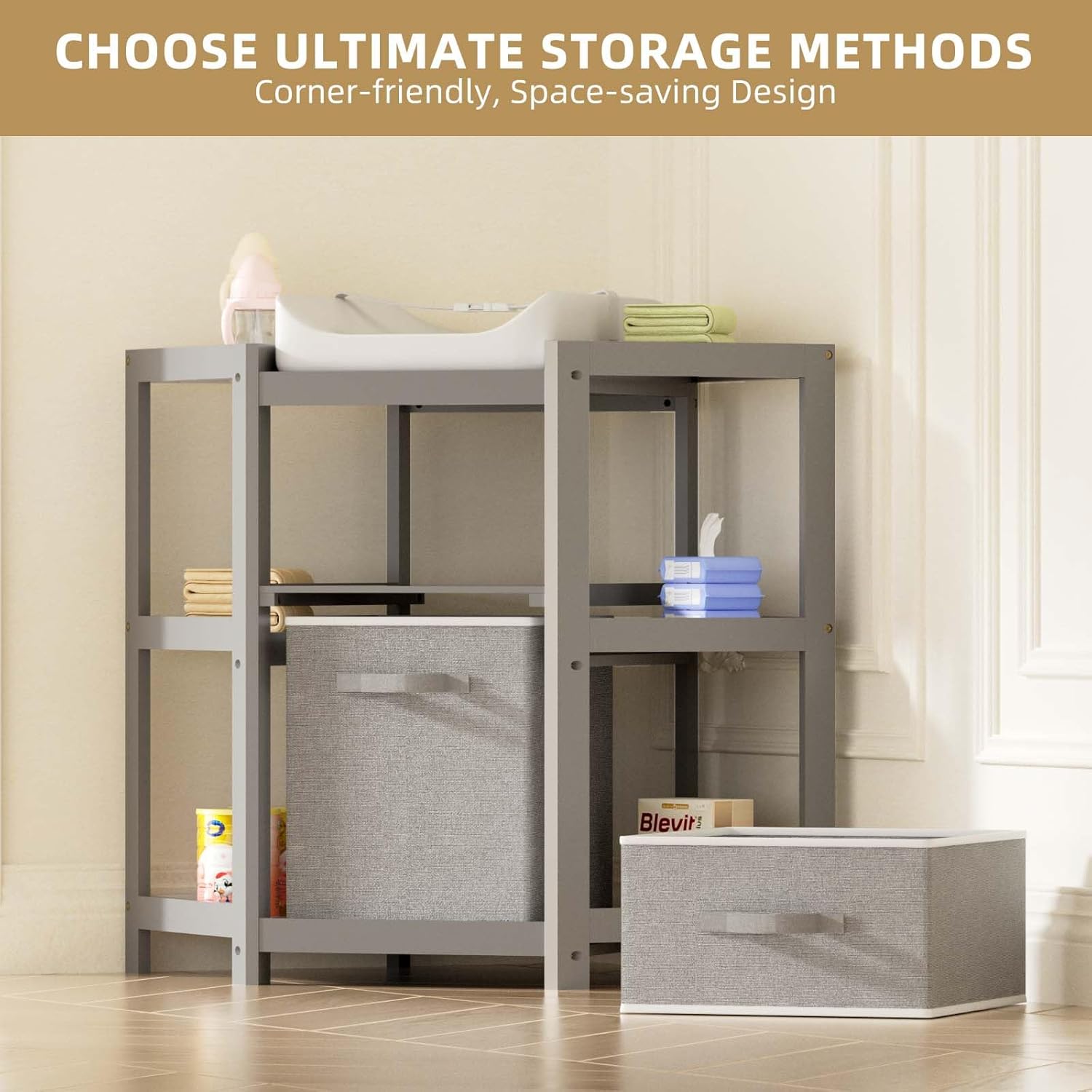 YUFU Baby Corner Changing Table with Storage Drawers, Portable Diaper Changing Station with Baby Changing Pad, Modern Wood Changing Table Dresser for Infants and Toddlers (Gray)