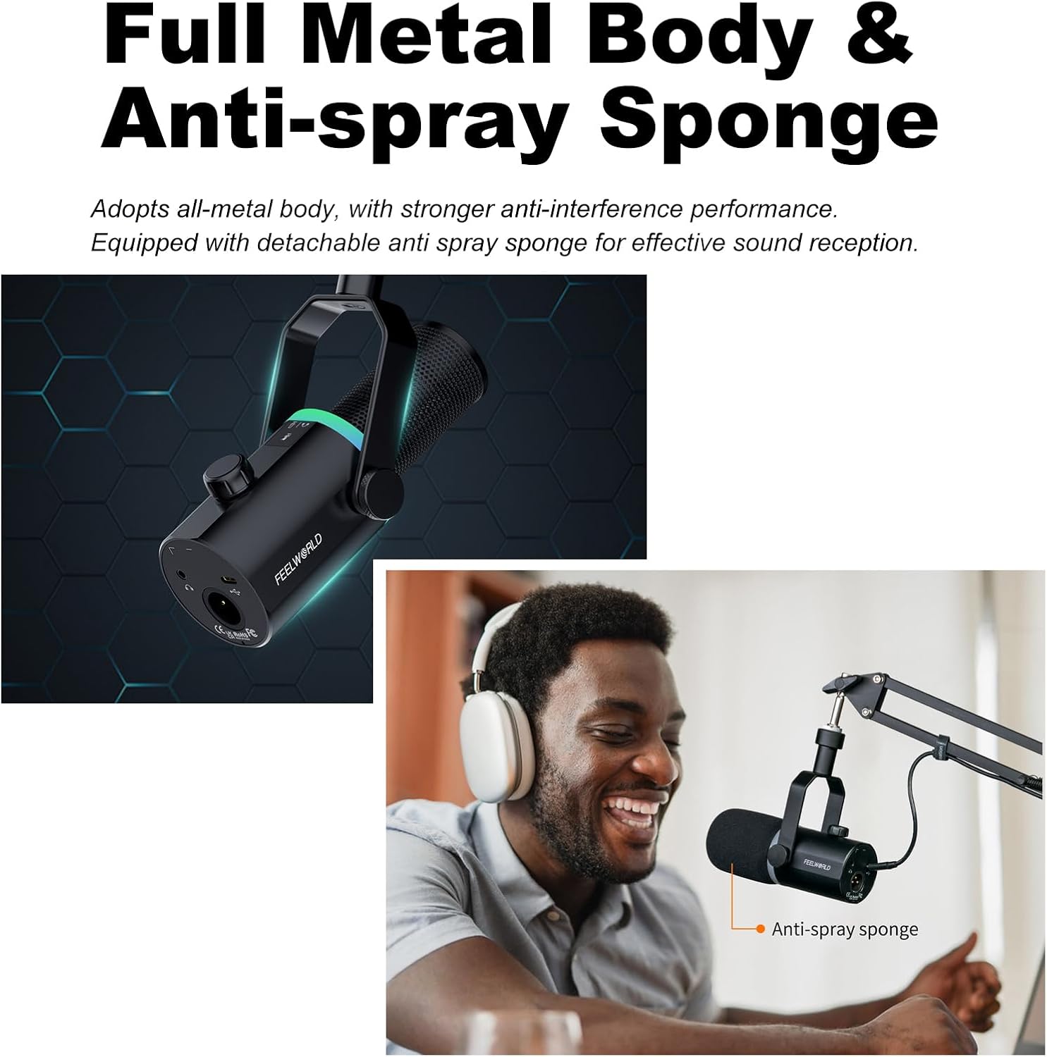 FEELWORLD PM1 XLR/USB Dynamic Metal RGB Lighting Microphone,50Hz-14kHz,XLR Output,USB-C Output,Real-time Monitoring,Multiple Function Key&Knob for Podcasting Recording Gaming Live Streaming