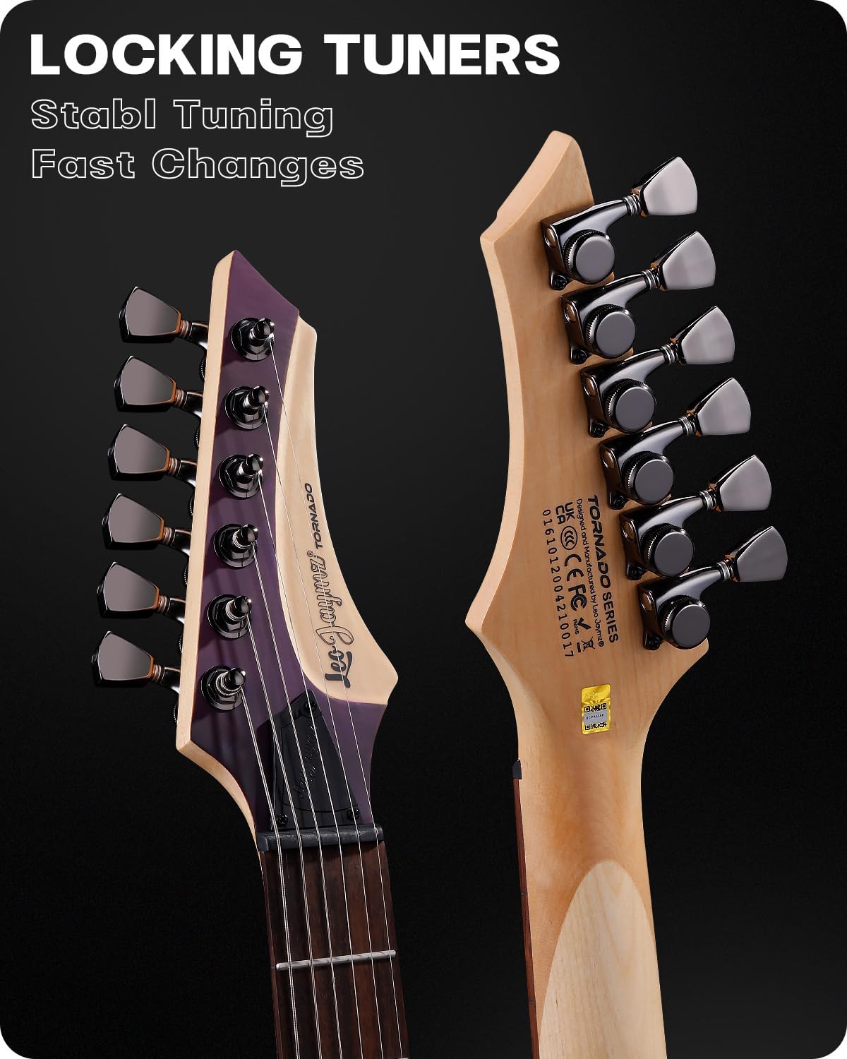 Leo Jaymz Tornado 6-String Electric Guitar, Okoume Body, Maple Neck, Laurel Fingerboard, Dual Alnico V Pickups, Locking Tuners, 3-Way Switch, 24 Frets (Purple Burl)