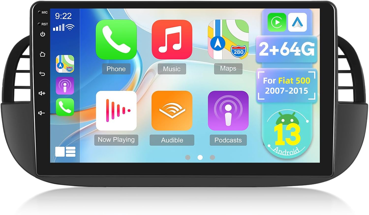 EKAT [2G+64G] Radio for Fiat 500 2007-2015, Android Fiat 500 Car Stereo with 9 inch Touch Screen, Wireless Carplay/Android Auto/1080P/Bluetooth/WiFi +AHD Backup Camera