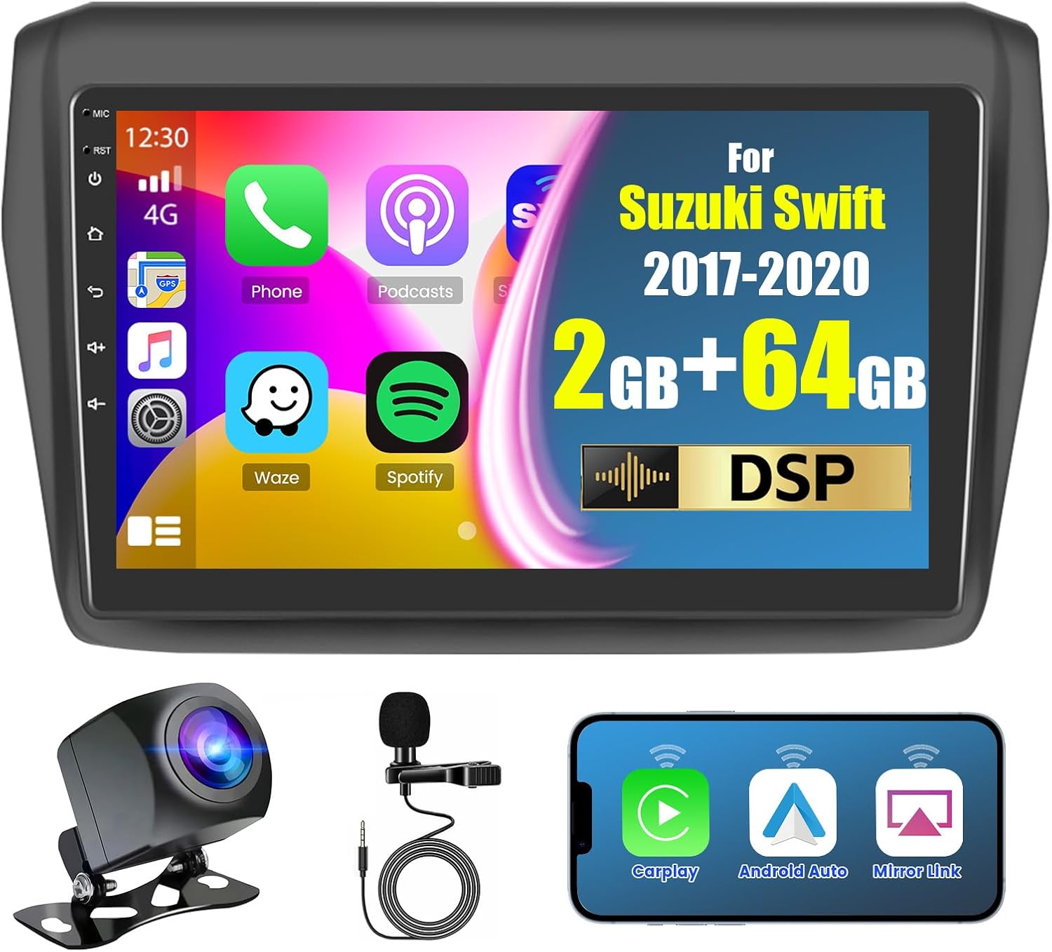 Hikity for Suzuki Swift 2017-2020 Android 15 Car Stereo, 2+64G 9 Inch Touchscreen Radio with Wireless Carplay, Android Auto, WiFi, GPS Navigation, Bluetooth, DSP, FM RDS, EQ + Backup Camrea