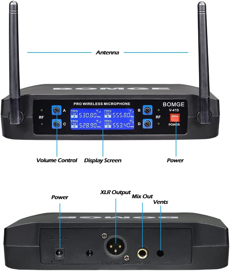 BOMGE Wireless Microphone System, Pro 4-Channel Cordless Mic Set with Four Handheld Mics, Fixed Frequency, Long Range 200ft, Ideal for Church,Karaoke, Events (V410B)