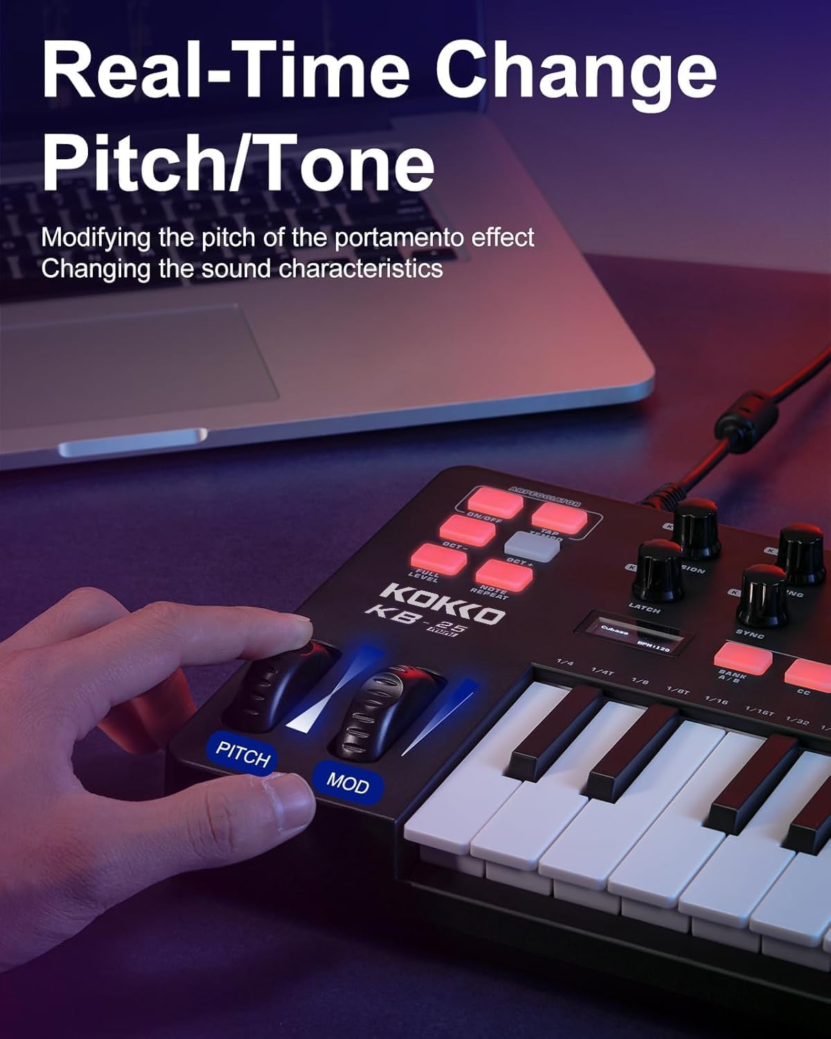 KOKKO MIDI Controller Keyboard, Mini 25 Key With 8 Backlit Drum Pads, 8 Knobs and Pitch Bend Wheel, Modulation Wheel for Music Production, Cubase LE Software Included