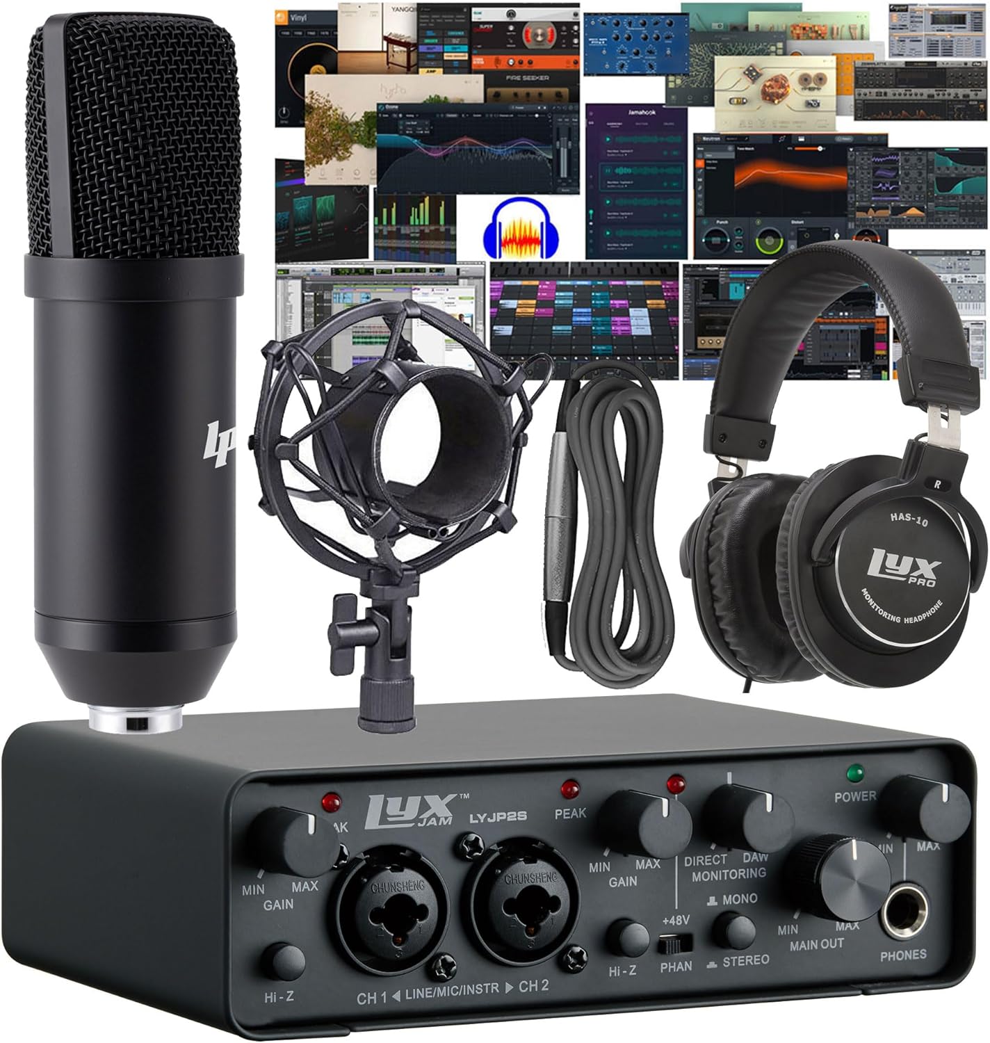 2×2 USB Audio Interface Recording Bundle w, Cardioid Condenser Mic, Studio Headphones, Shockmount, XLR Cable, Waveform OEM Software, 24-bit/192 kHz Music, Podcast, Voiceover & Streaming Kit