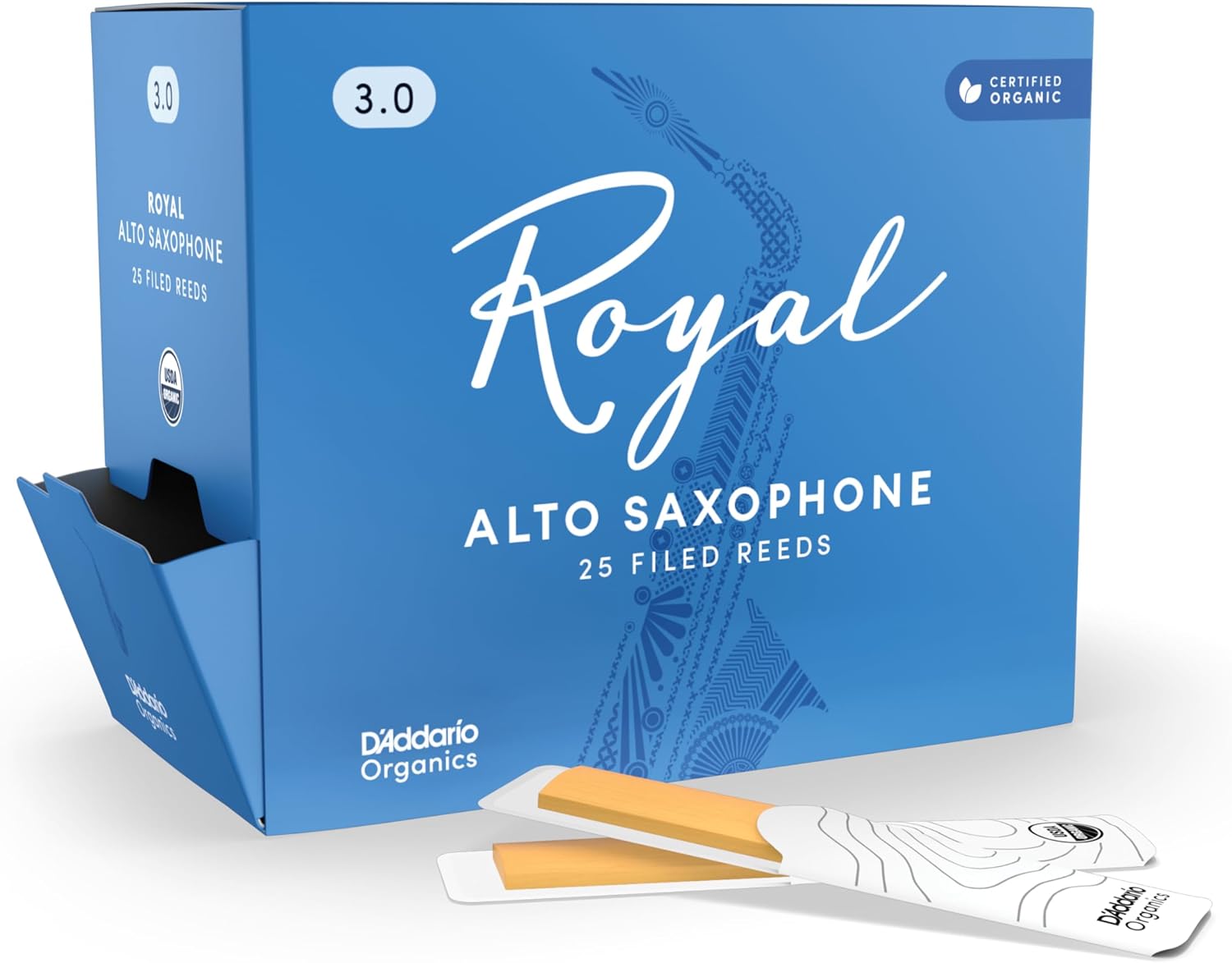 D'Addario Woodwinds Royal Saxophone Reeds - Alto Sax Reeds with Strong Spine - Alto Saxophone Reeds Great for Classical or Jazz - Strength 3.0, 25-pack