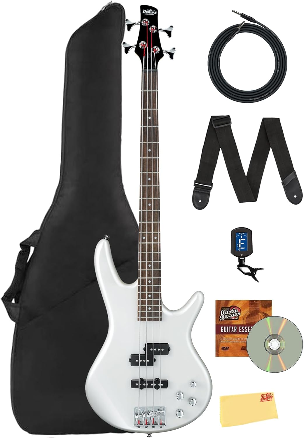Ibanez GSR200 SR GIO Bass Guitar - Pearl White Bundle with Gig Bag, Tuner, Strap, Instrument Cable, Austin Bazaar Instructional DVD, and Polishing Cloth