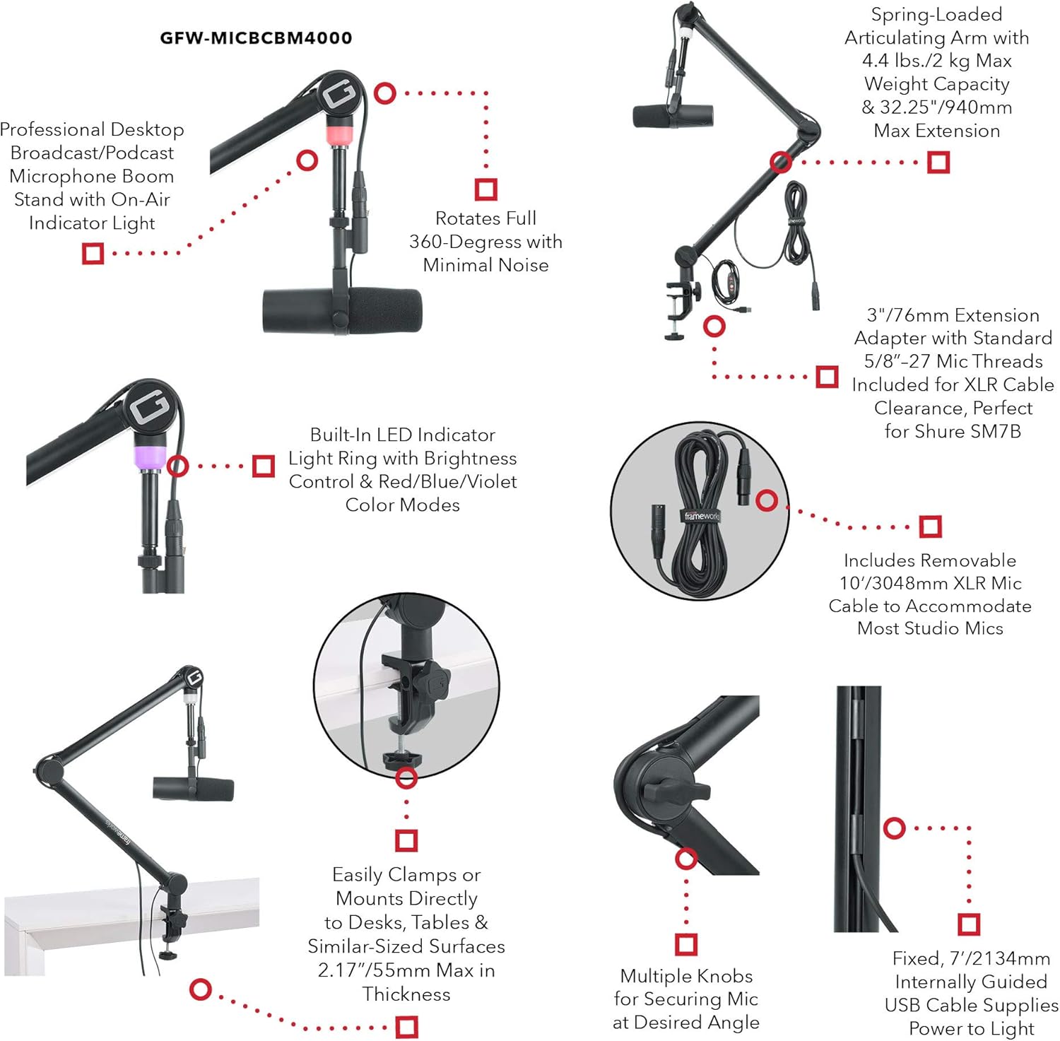 Gator Frameworks Professional Desktop Broadcast/Podcast Microphone Boom Stand with On-Air Indicator Light & OneOdio Wired Over Ear Headphones Hi-Res Studio Monitor & Mixing DJ Stereo Headsets - Black