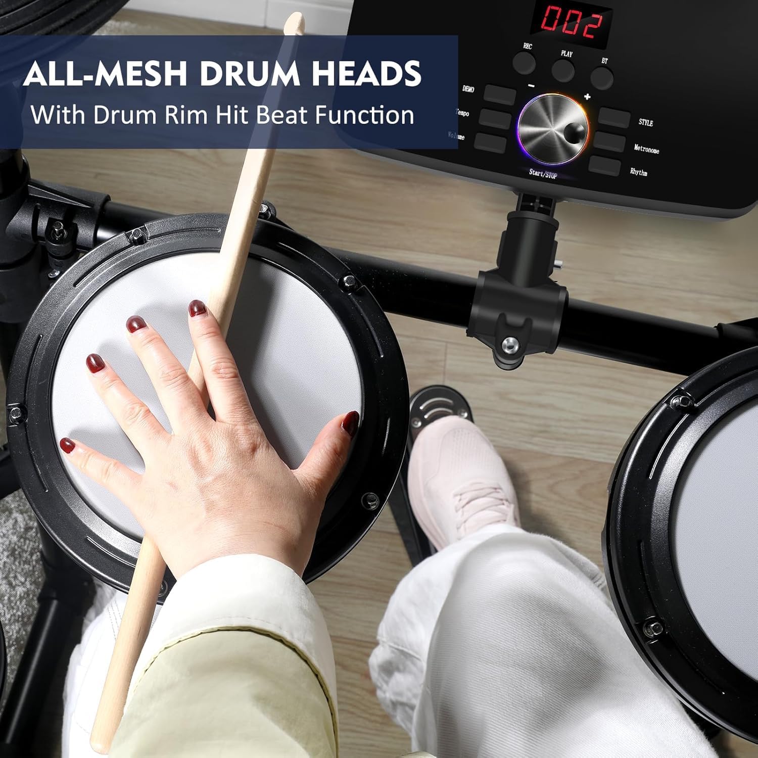 Electronic Drum Set,Electronic Drum for Beginner Set with Type-C Charging,support USB MIDI Bluetooth,with 4 Quiet Mesh Pads 2 Pedals, Drum Stool, Sticks, Headphones and Melodics Lessons