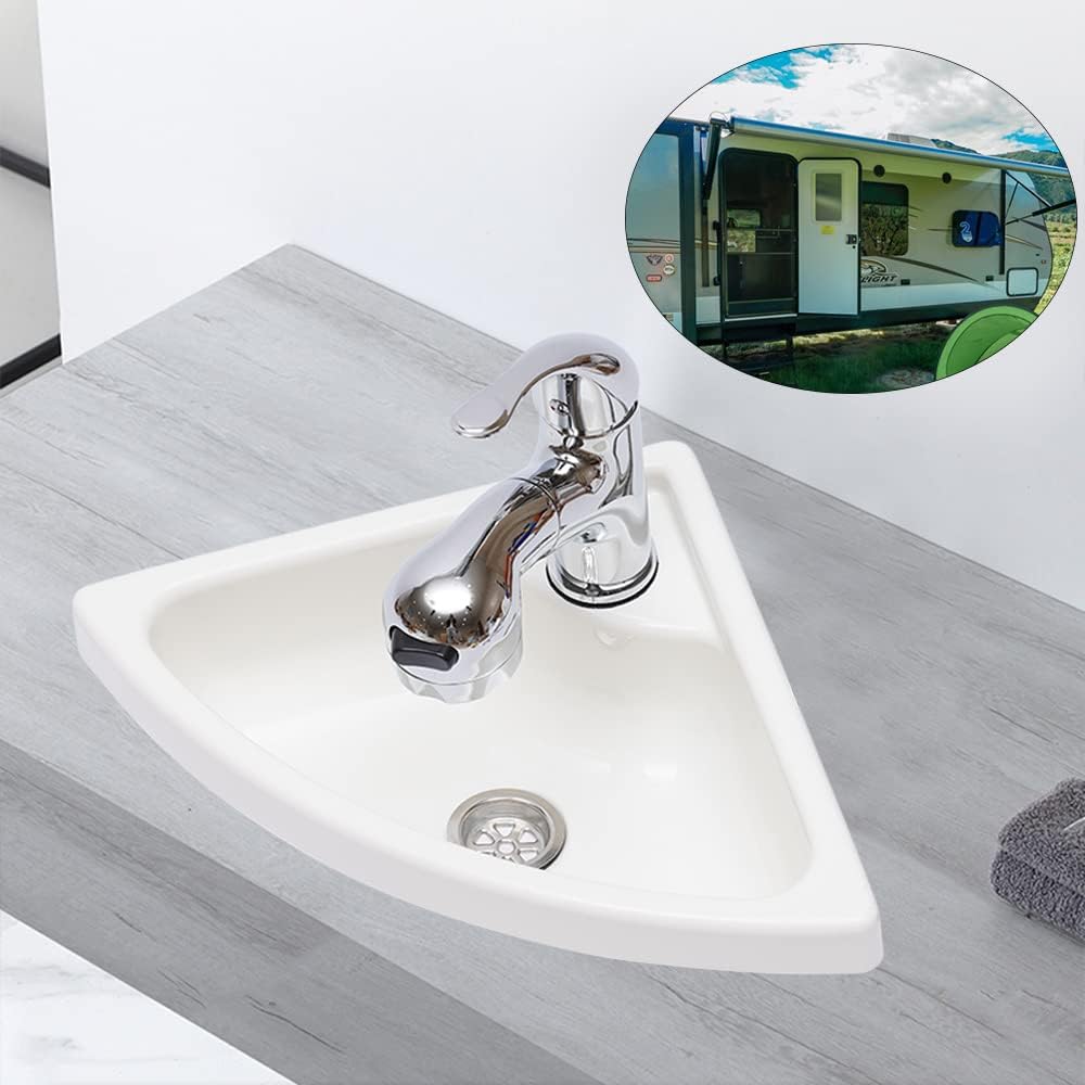 Wall Mount Corner Bathroom Sink White Acrylic Triangle Sink With Faucet Vanity Single Bowl Sink for Boat Caravan Rv Camper Kitchen Bathroom Lavatory (With Faucet and Water Drain Plug)