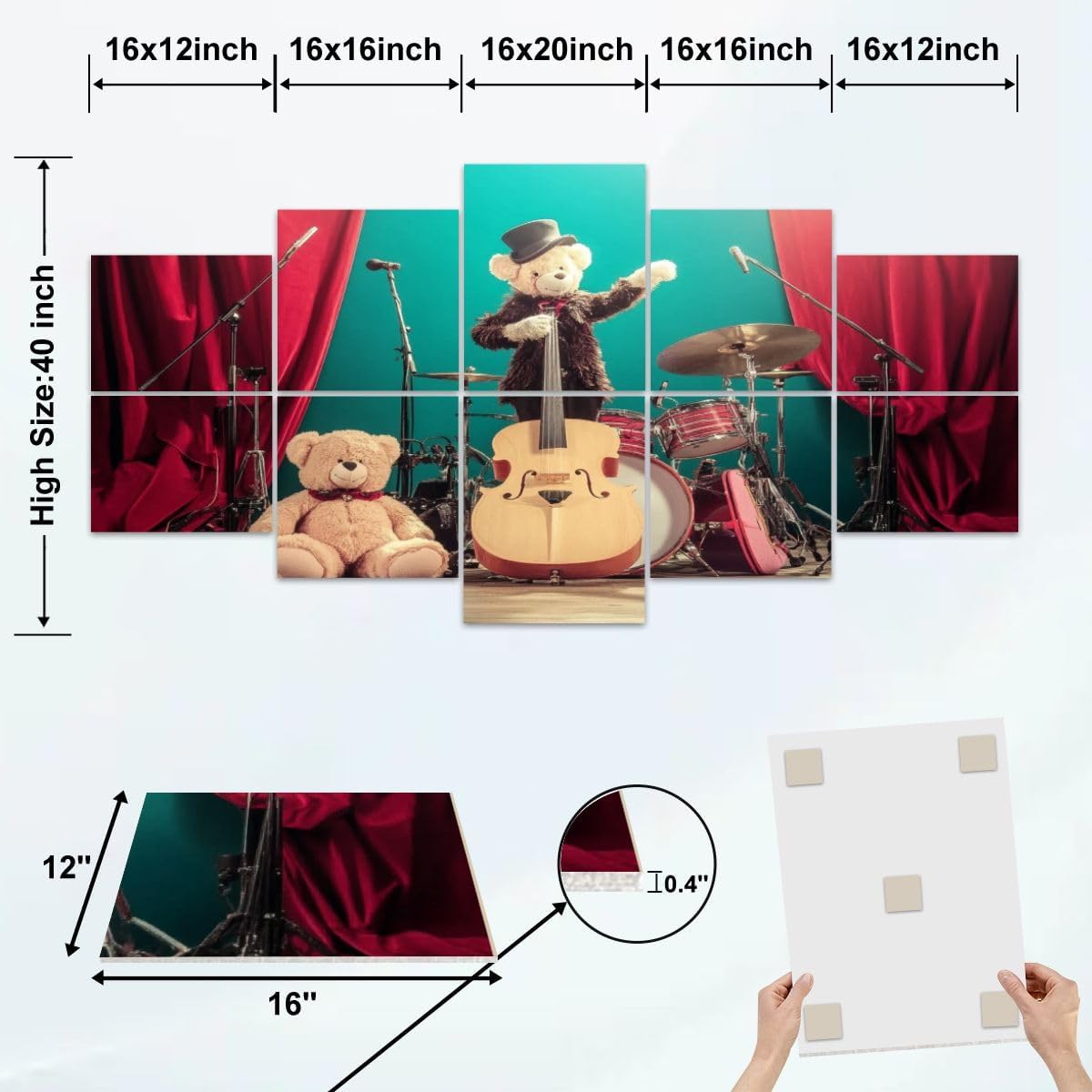 Art Acoustic Panels retro teddy bear toys play bass guitar old luggage vocalist Acoustical Soundproof Wall Panel with Self-Adhesive Decorative Sound Absorbing Panel Acoustic Treatment