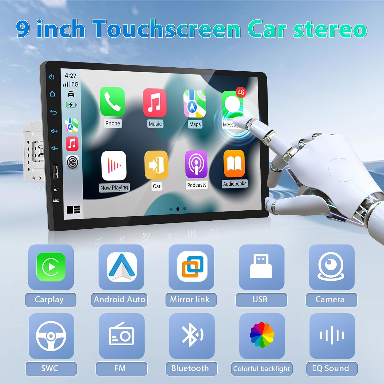 9 Inch Car Stereo Single Din Radio with Wireless Apple Carplay & Android Auto,1 Din Bluetooth Car Audio Recivers Touchscreen with iOS/Android Mirror Link FM Radio/TF/USB/AUX Input+AHD Backup Camera