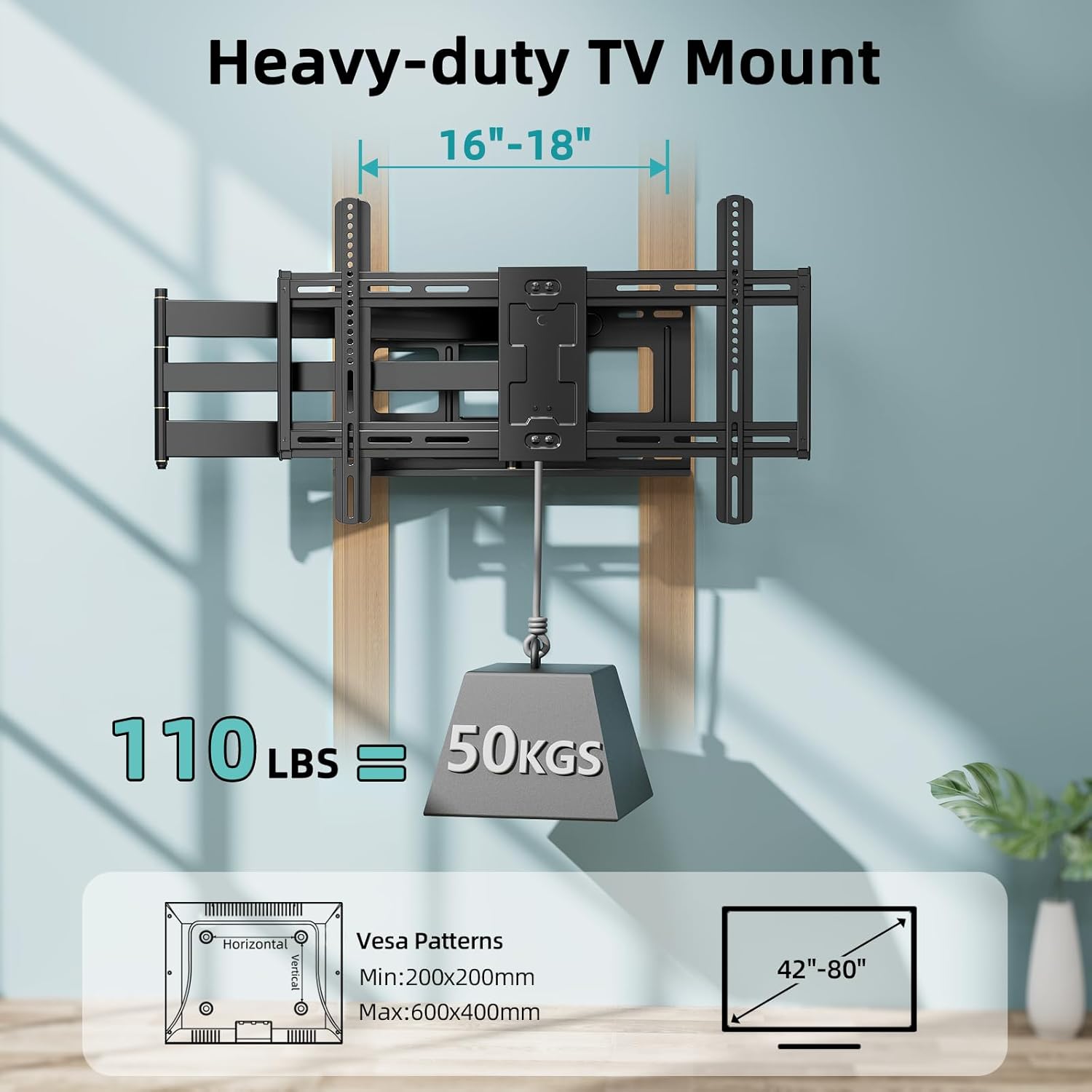 Long Arm TV Wall Mount for 42-80 inch TVs, Full Motion with 43 inch Extension Articulating Arms, Swivel and Tilt TV Bracket, Holds up to 110 lbs, Max VESA 600x400mm