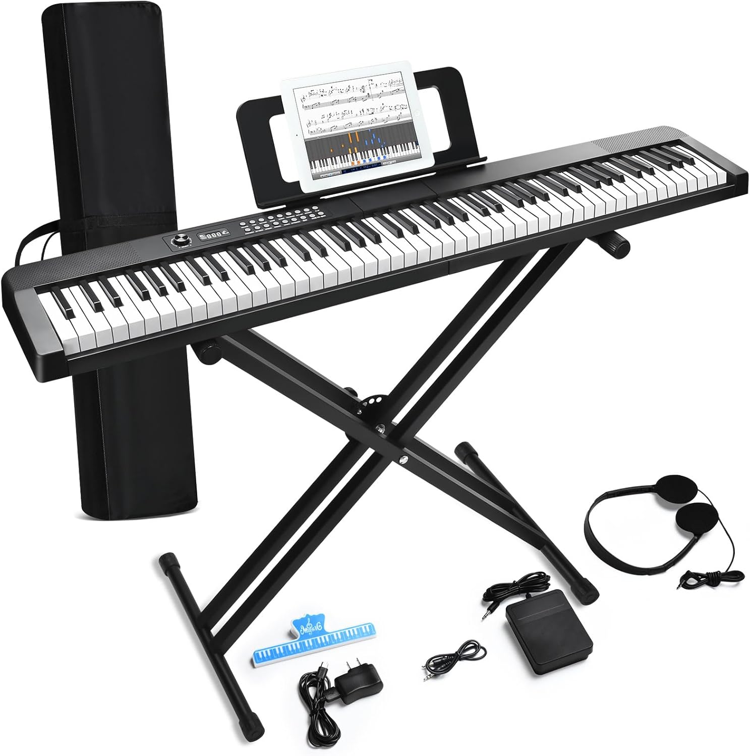 88 Key Keyboard Piano, Semi Weighted Electronic Digital Piano with Music Stand, Power Supply, Sustain Pedal, Stand, Bluetooth, Carrying Case, Headphones, USB-MIDI, Piano Lessons for Beginners