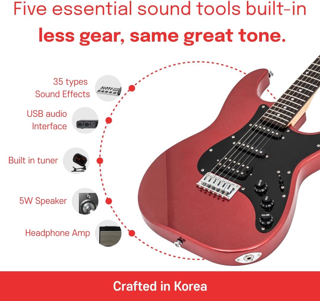 PEOZ Electric Guitar, Smart Digital Guitar with 35 Sound Effects, Built-in Tuner, USB Interface, 5W Speaker, Red (Deep Red)