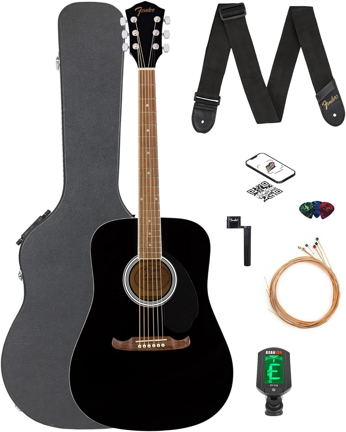 Fender FA-125 Dreadnought Guitar - Black Bundle with Hard Case, Tuner, Strap, Strings, Sting Winder, Picks, and Austin Bazaar Instructional Video