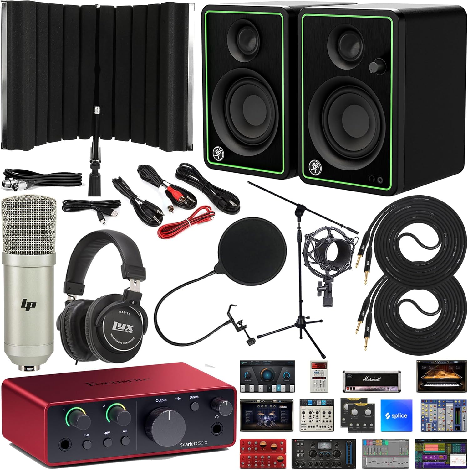 Focusrite Scarlett Solo 4th Gen USB-C Recording Bundle with Mackie CR3-X Monitors, Condenser Microphone, Isolation Shield, Studio Headphones, Stands, Cables & Production Software