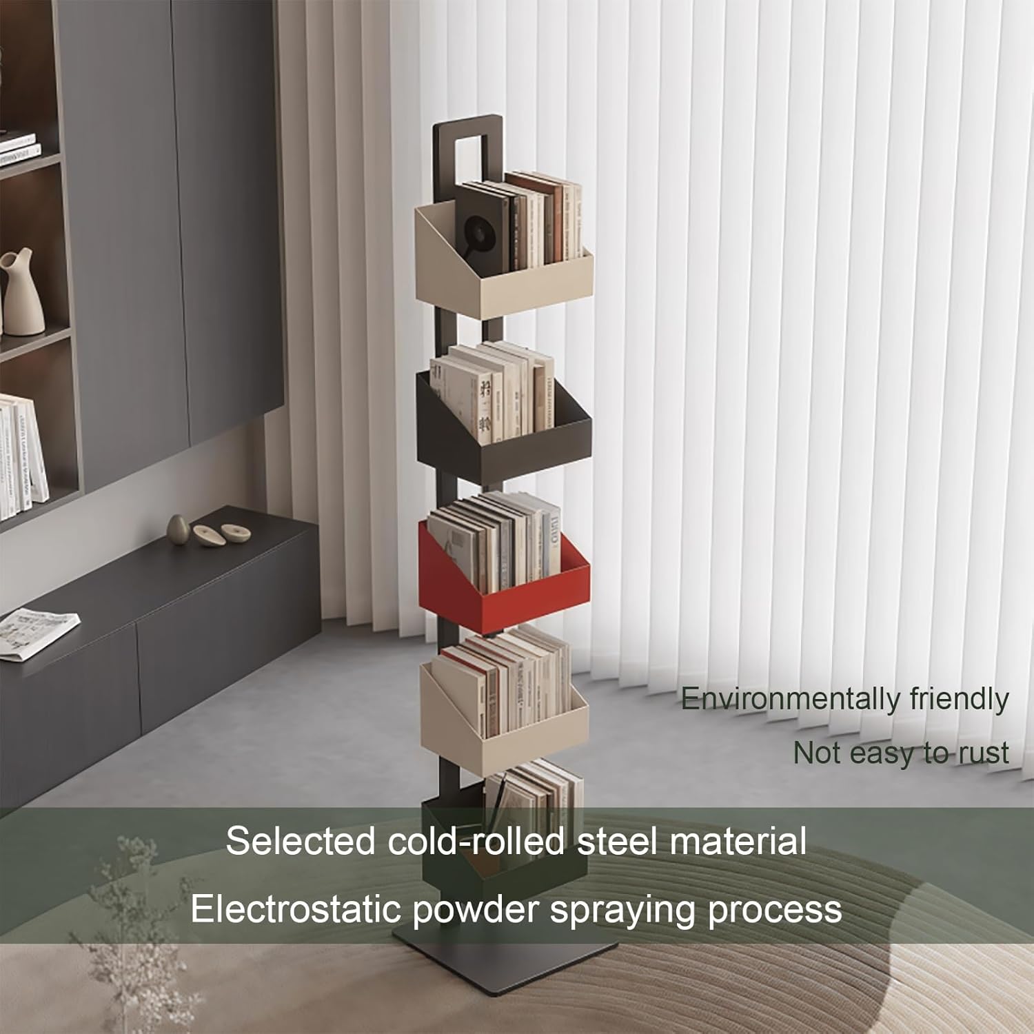 Metal Vertical Bookshelf Tower, Freestanding Spine Bookcase for Small Spaces, Modern Storage Corner Shelf for Living Room, Office, Bedroom Decor(112cm/44.1in)