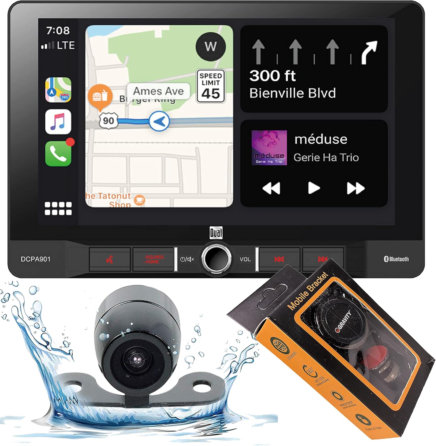 Dual Electronics DCPA901 9-Inch Single-DIN in-Dash Digital Media Receiver with Bluetooth, Android Auto and Wired Mirror Phone to The Unit with Gravity Magnet Phone Holder and Camera PK3 Bundle
