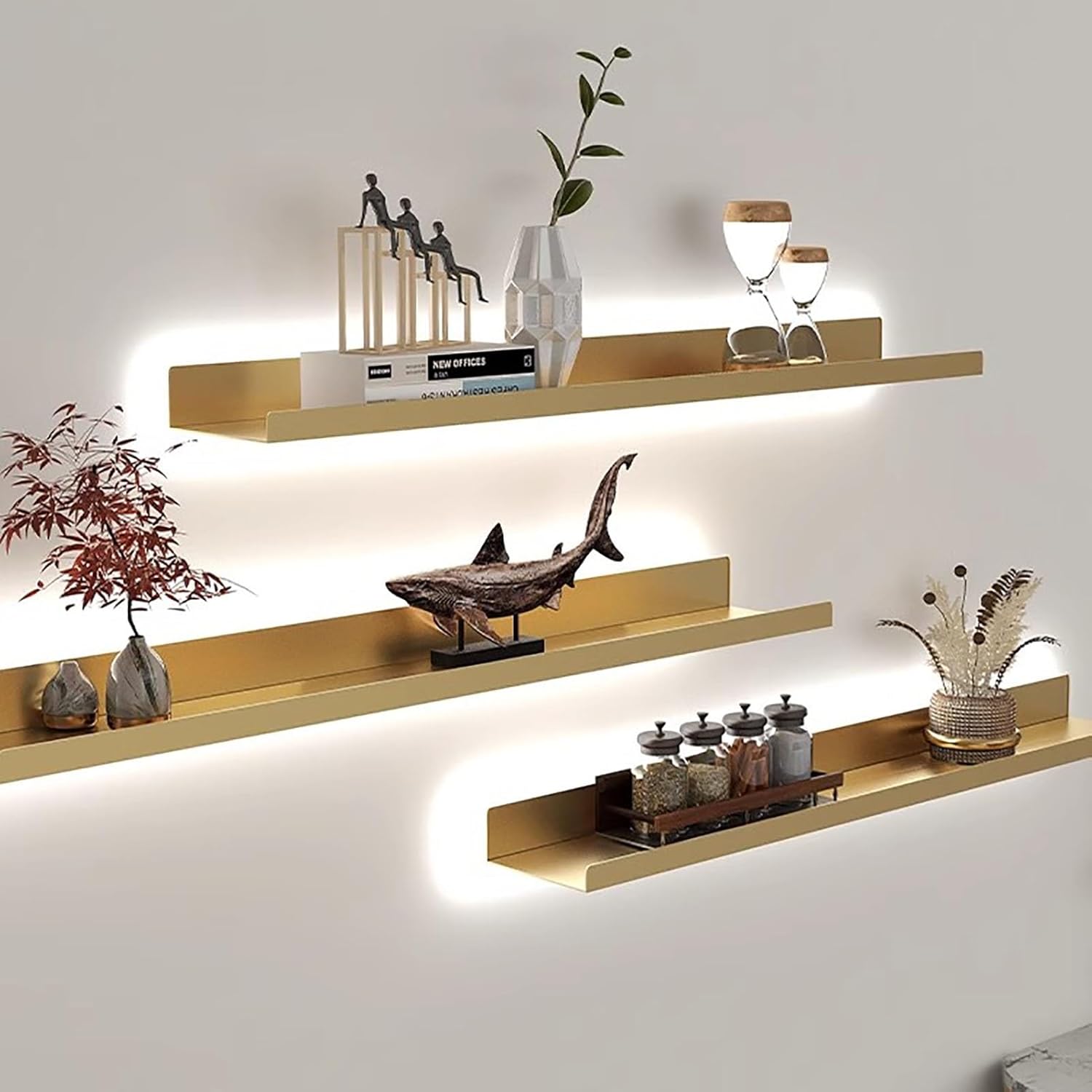 Floating Shelves Light-Emitting Shelves, Wall Hanging Creative Bookshelf,Floating Wall Mounted Display Shelves Built-in Illuminated LED Light,Wall Shelves Picture Ledge ( Color : Gold , Size : 60cm/23